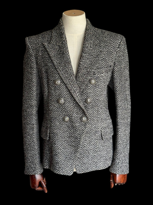 Balmain Double Breasted Black White Herringbone Tweed Fitted Blazer 44 RRP £2k+