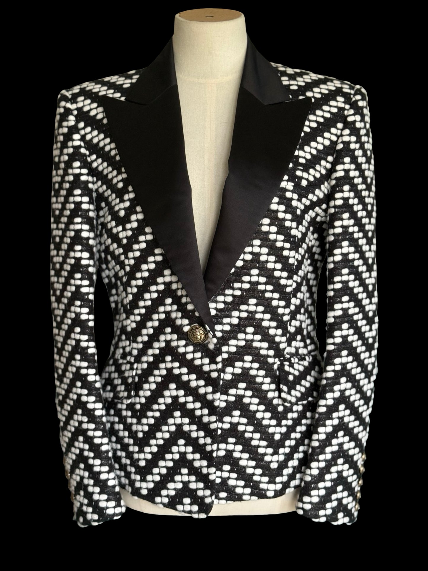 Balmain Black & White Tweed Evening Jacket Blazer 42 Satin Lapels RRP £2.5k
