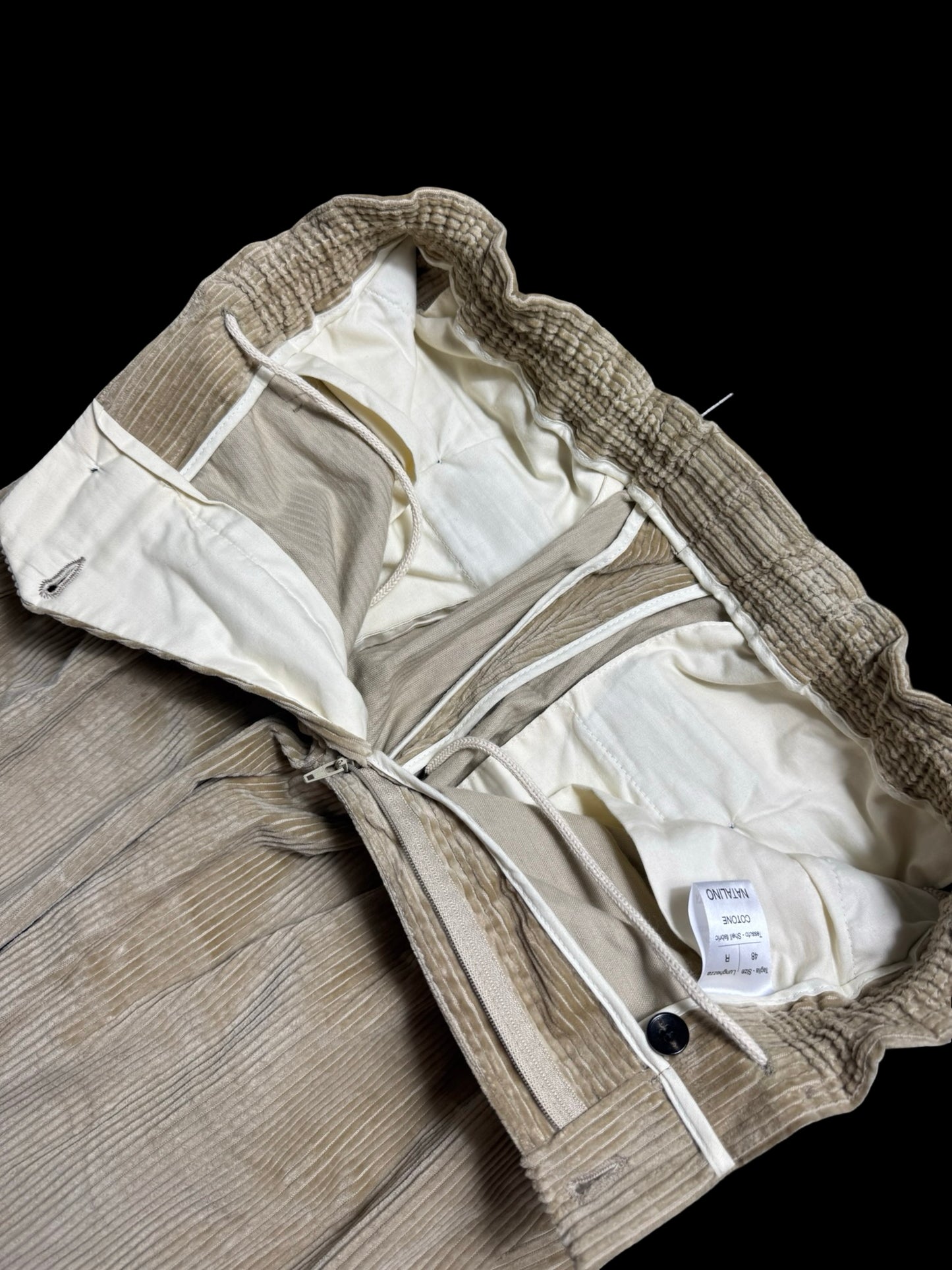 Natalino Sand Corduroy Pleat Front Trousers W32S Drawstring Elasticated Waist
