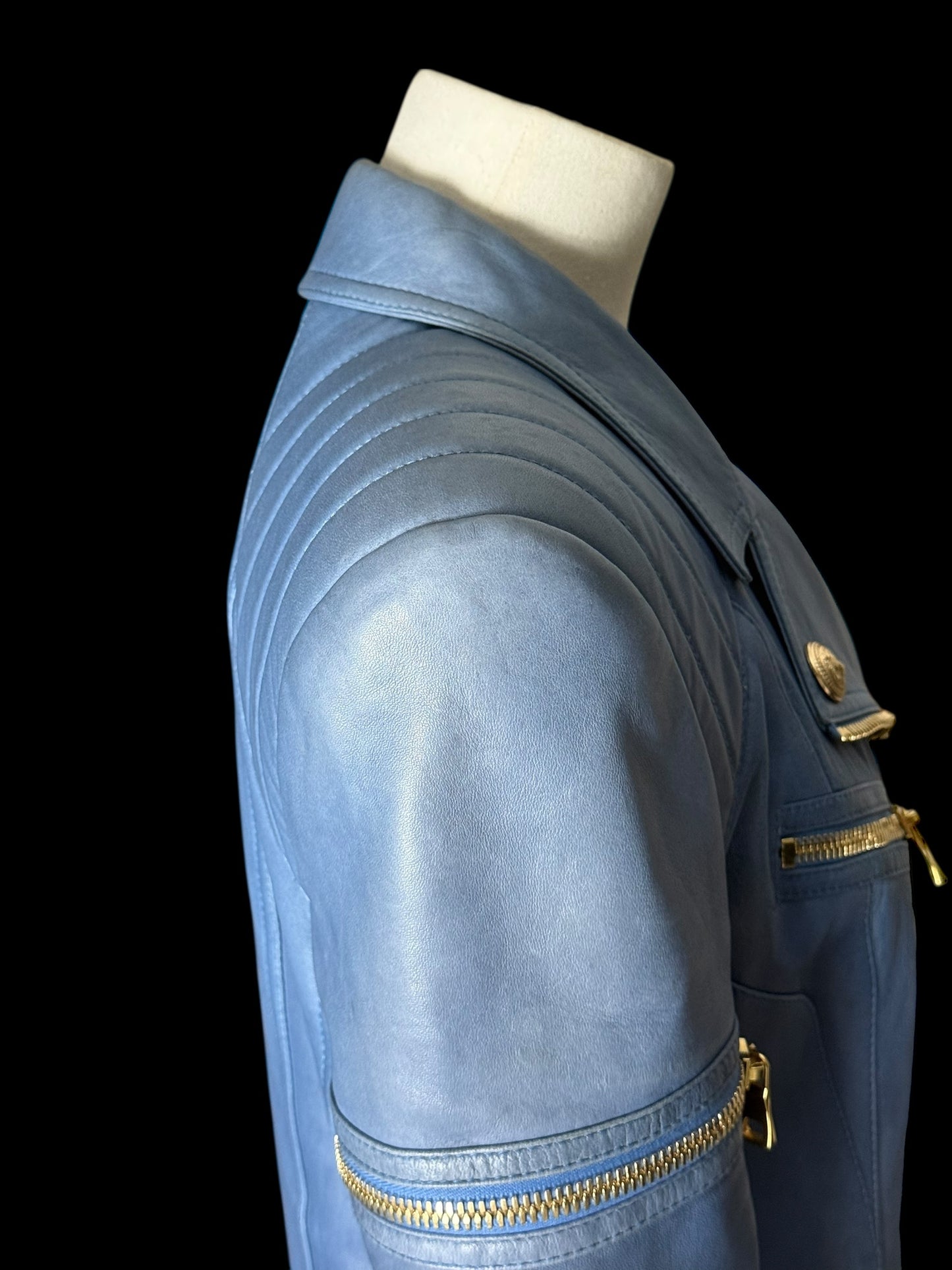 Women’s Balmain Blue Leather Biker Jacket FR42 Large RRP £2k+