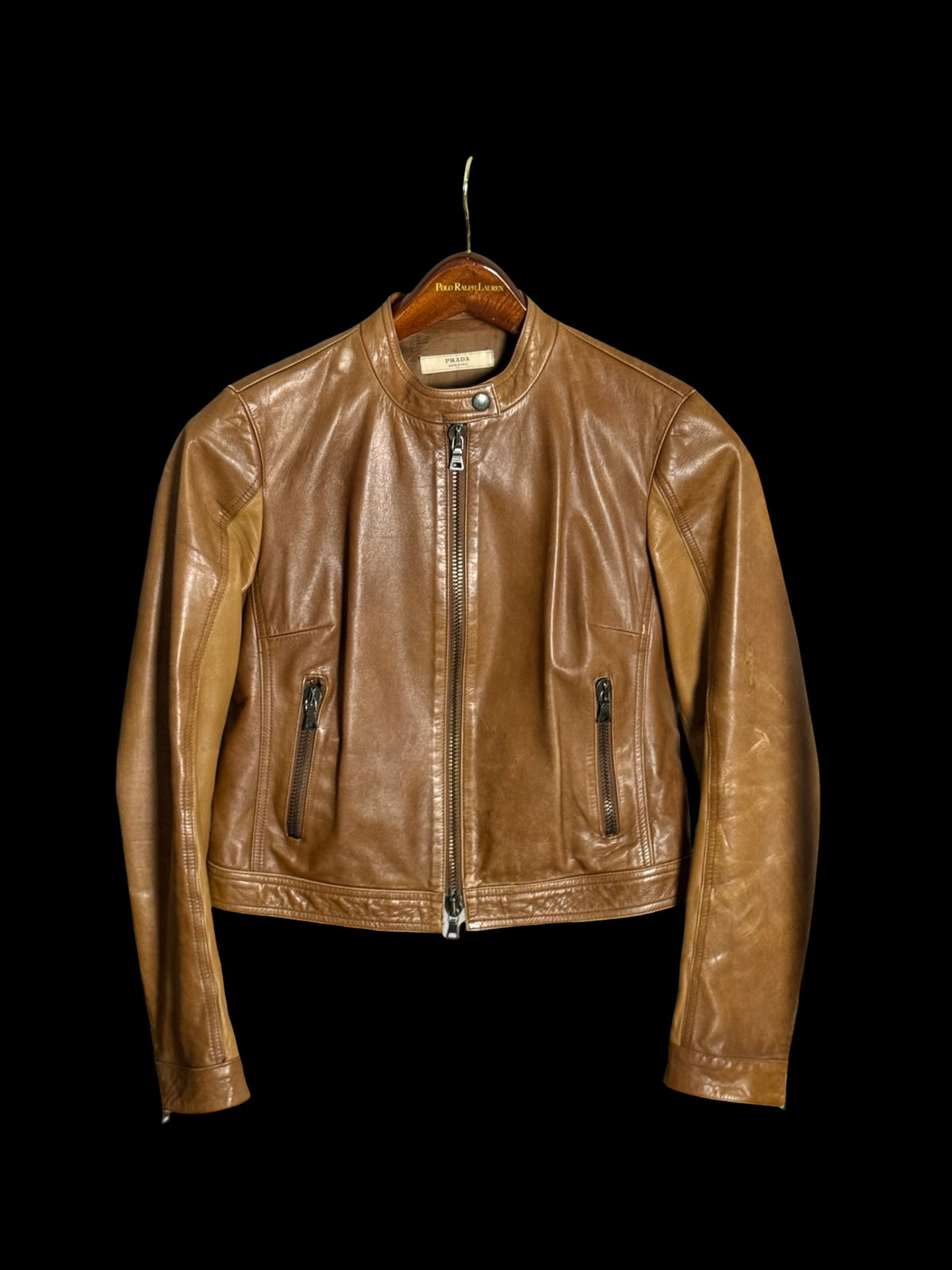 Vintage Womens Prada Racer Leather Jacket IT46 Light Brown