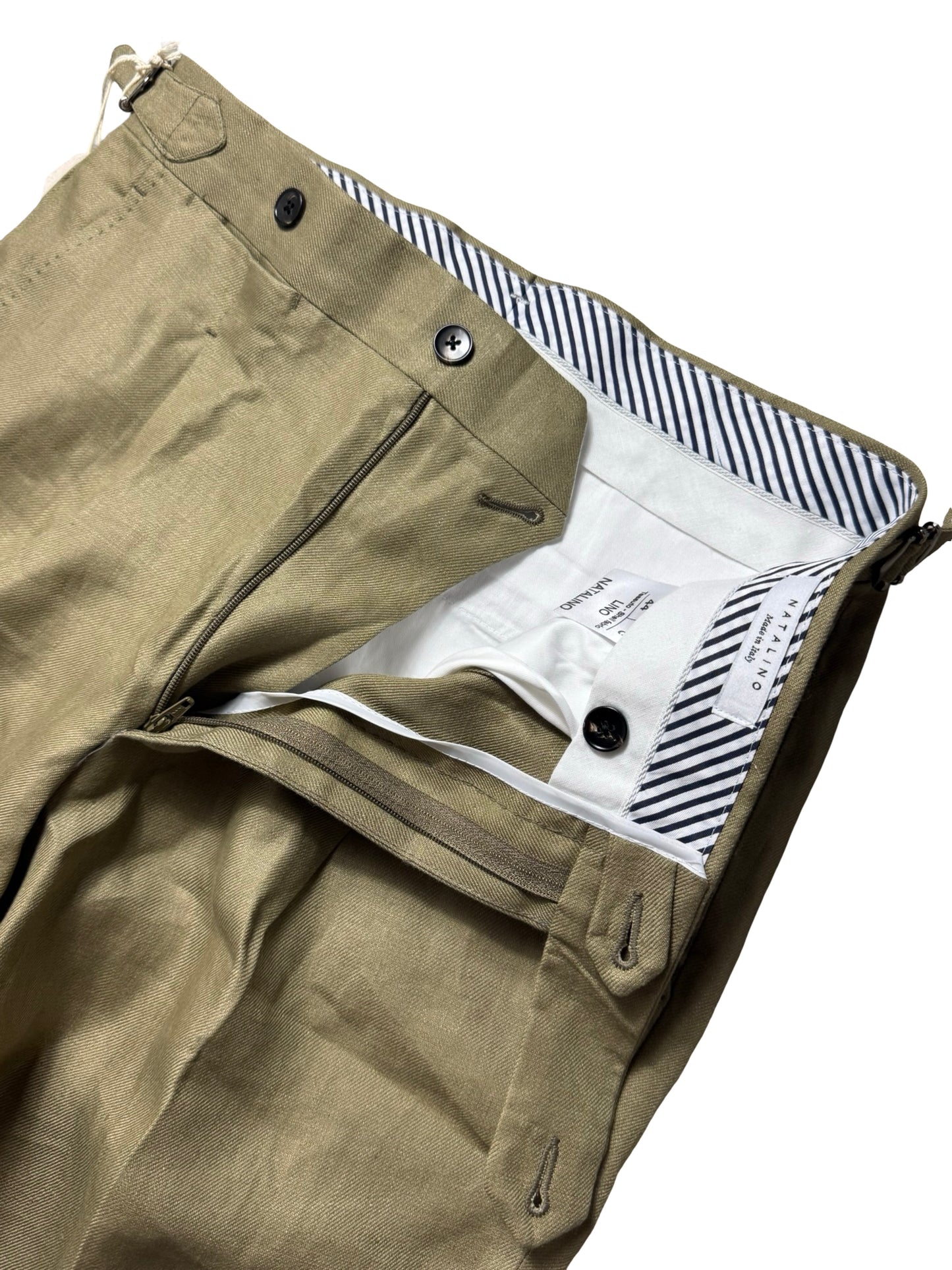BNWT Natalino Single Pleat Khaki Linen Trousers IT44 W28-30” Baird Mcnutt RRP £200