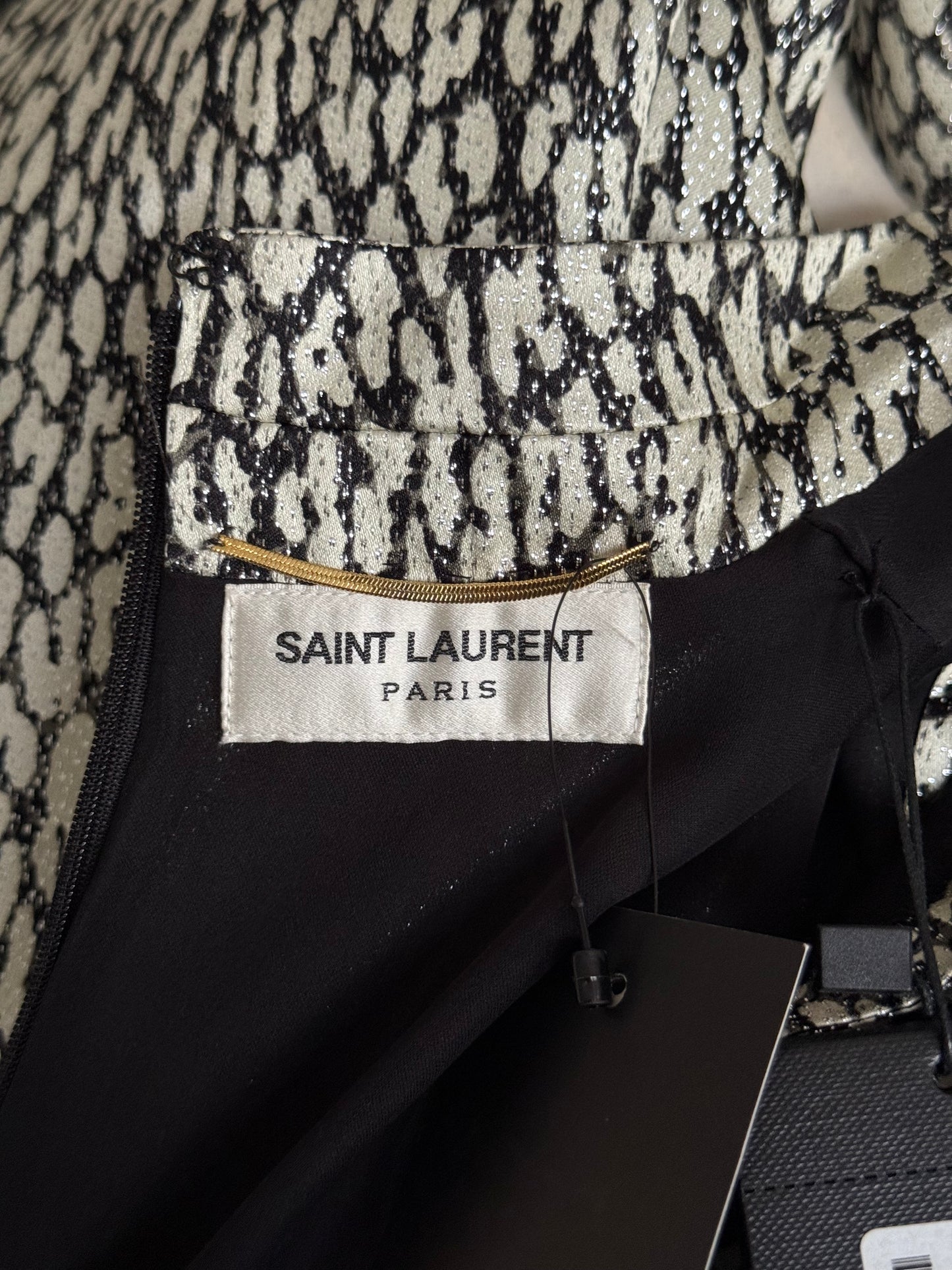 BNWT Saint Laurent Leopard Print Lam Silk Mini Evening Dress 44 RRP $2,290