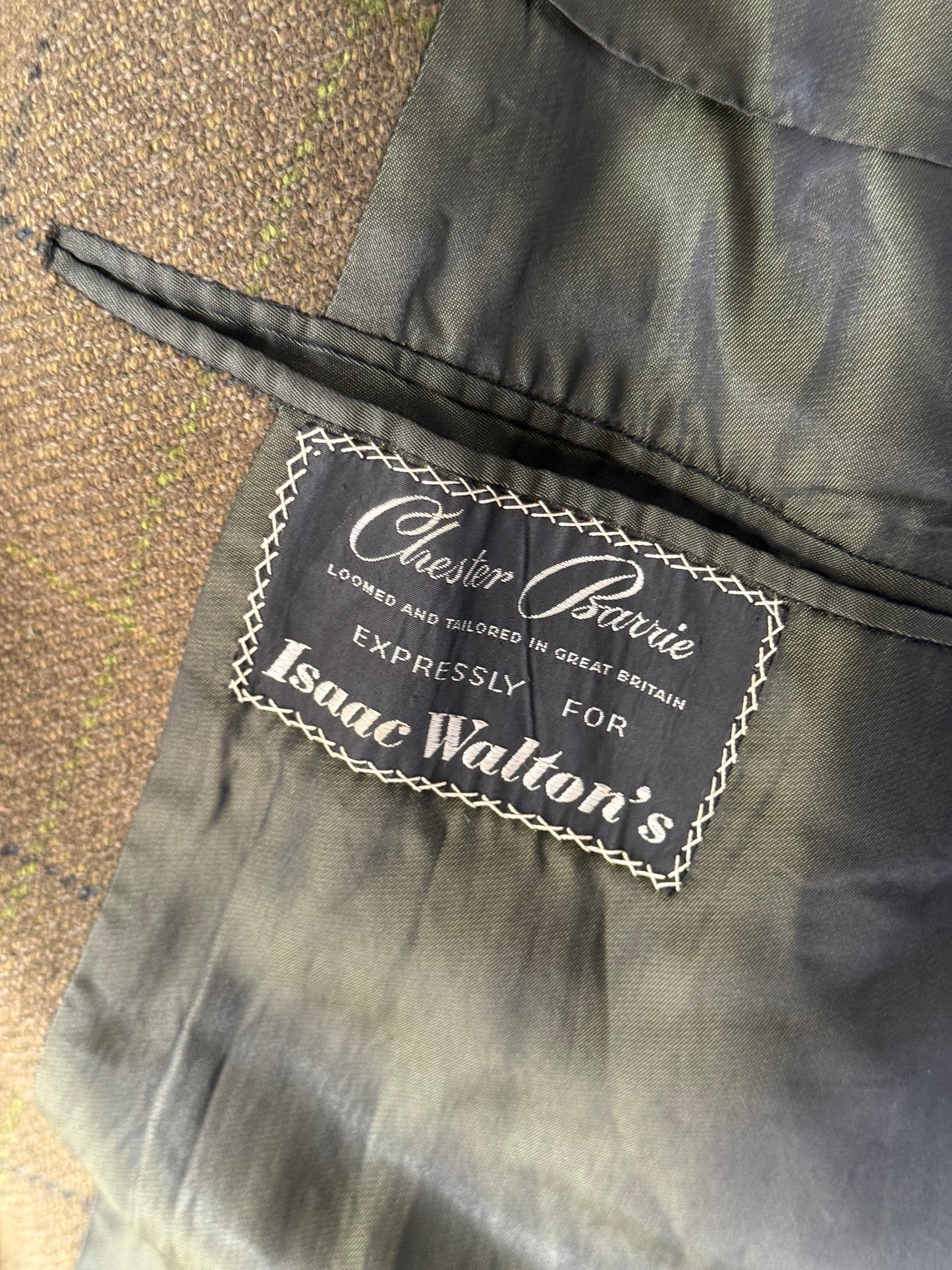 Vintage Chester Barrie Savile Row Green Tweed Overcoat 44L Raglan