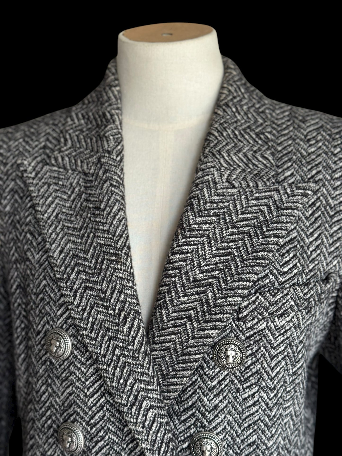 Balmain Double Breasted Black White Herringbone Tweed Fitted Blazer 44 RRP £2k+