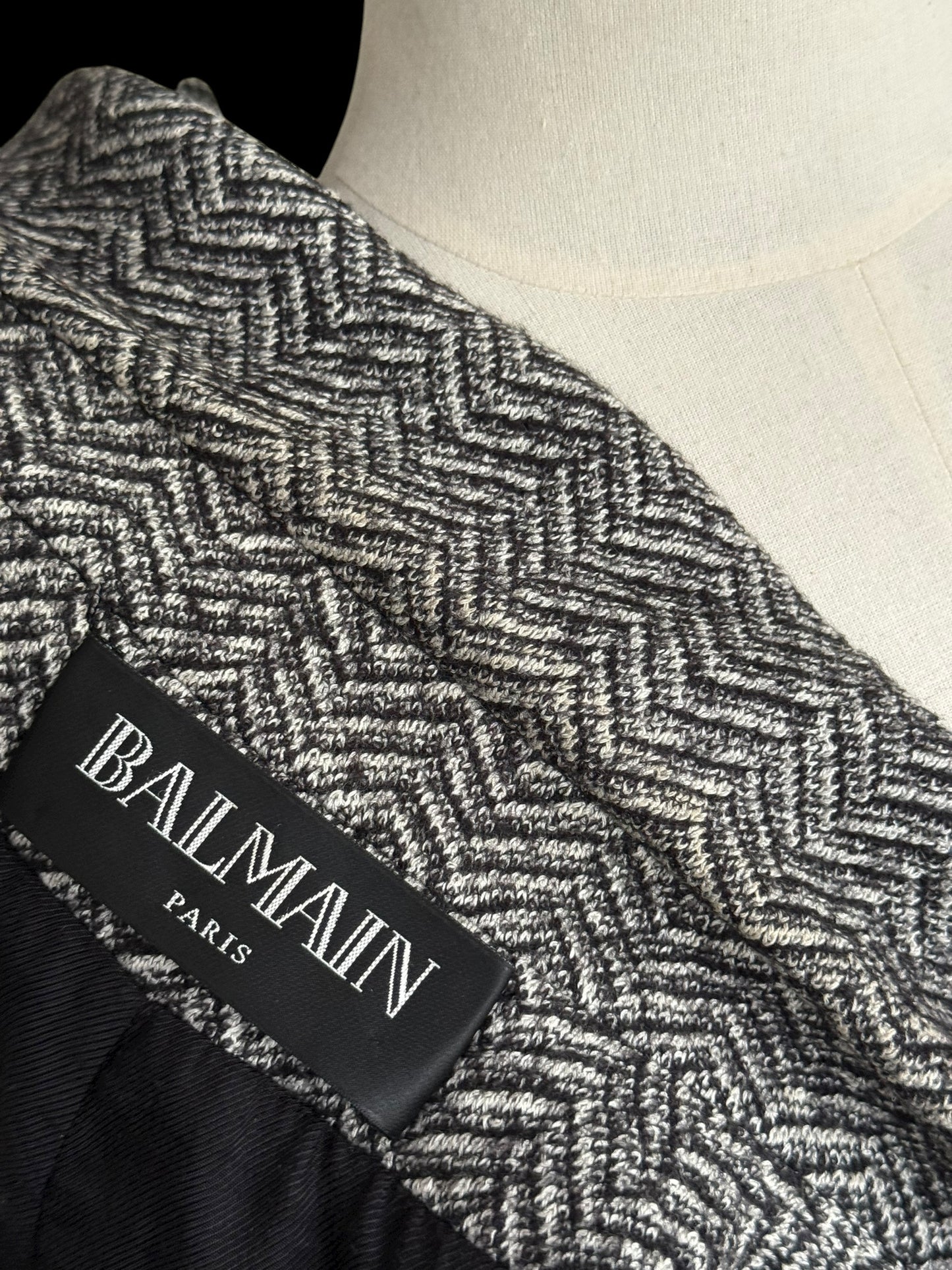Balmain Double Breasted Black White Herringbone Tweed Fitted Blazer 44 RRP £2k+