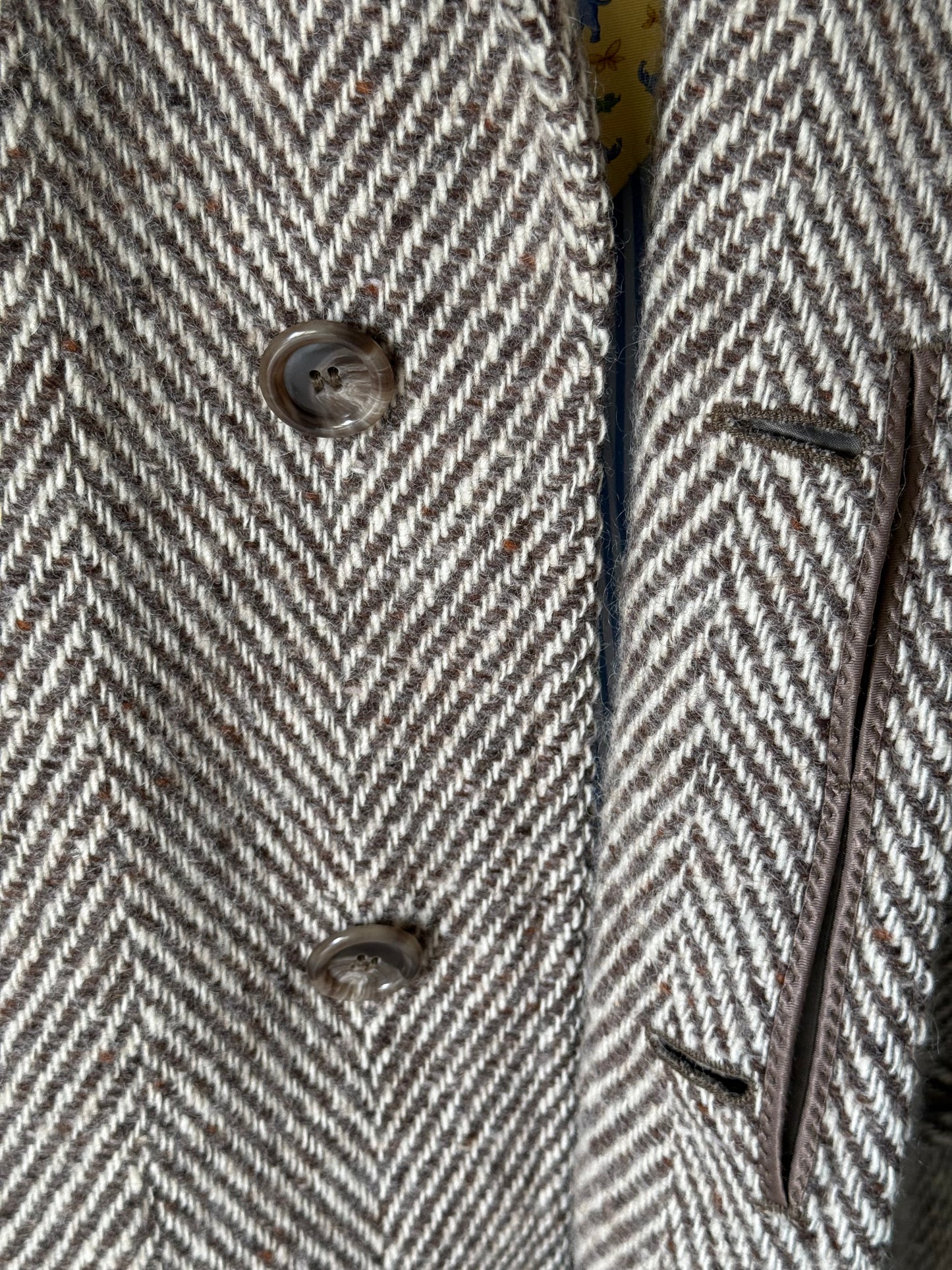 Bespoke Herringbone Tweed Belted Overcoat 44R Brown Beige
