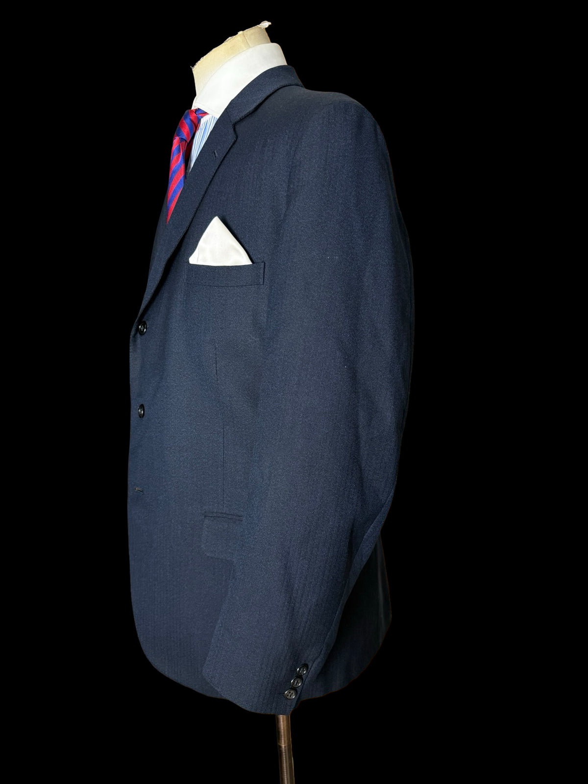 Vintage 1970’s Aquascutum Navy Herringbone Wool Suit 44L / W36”