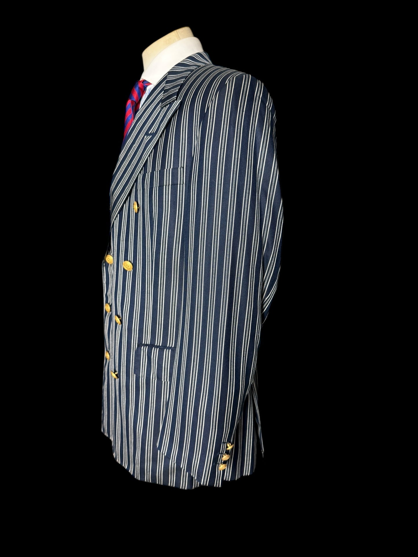 Vintage Chester Barrie Pure Silk Double Breasted Striped Blazer 42R Gold Buttons