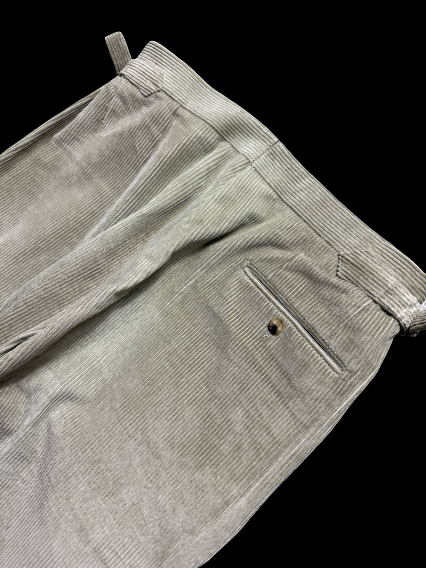 P. Johnson Sage Thick Corduroy Pleat Front Trousers W32-34” Short