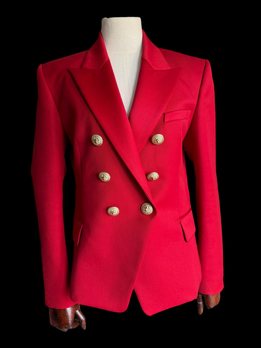 Balmain Double Breasted Red Wool Fitted Jacket Size 44 Gold Buttons RRP £2000
