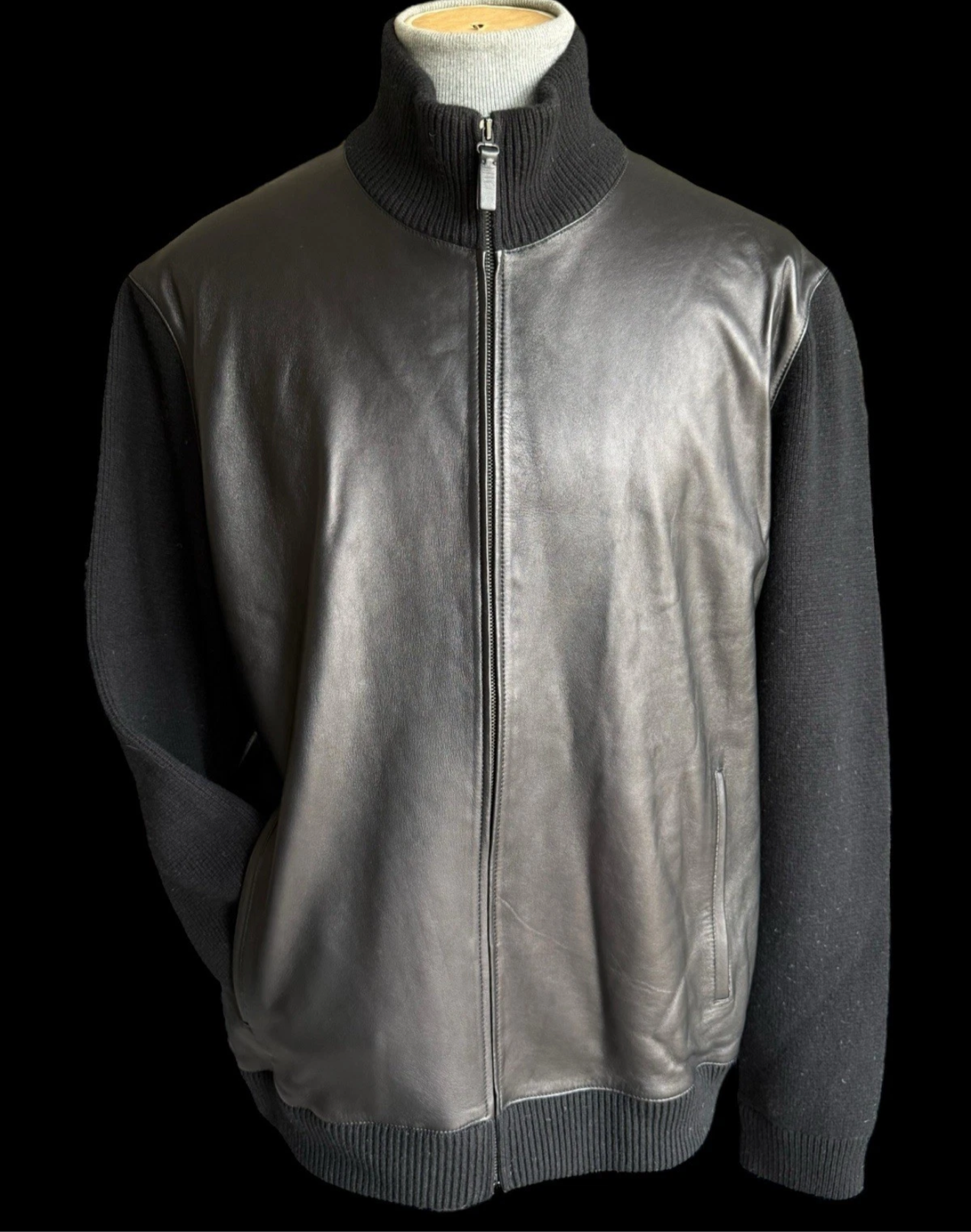 Men’s Brioni Leather Blouson Jacket Knitted Sleeves Size 58