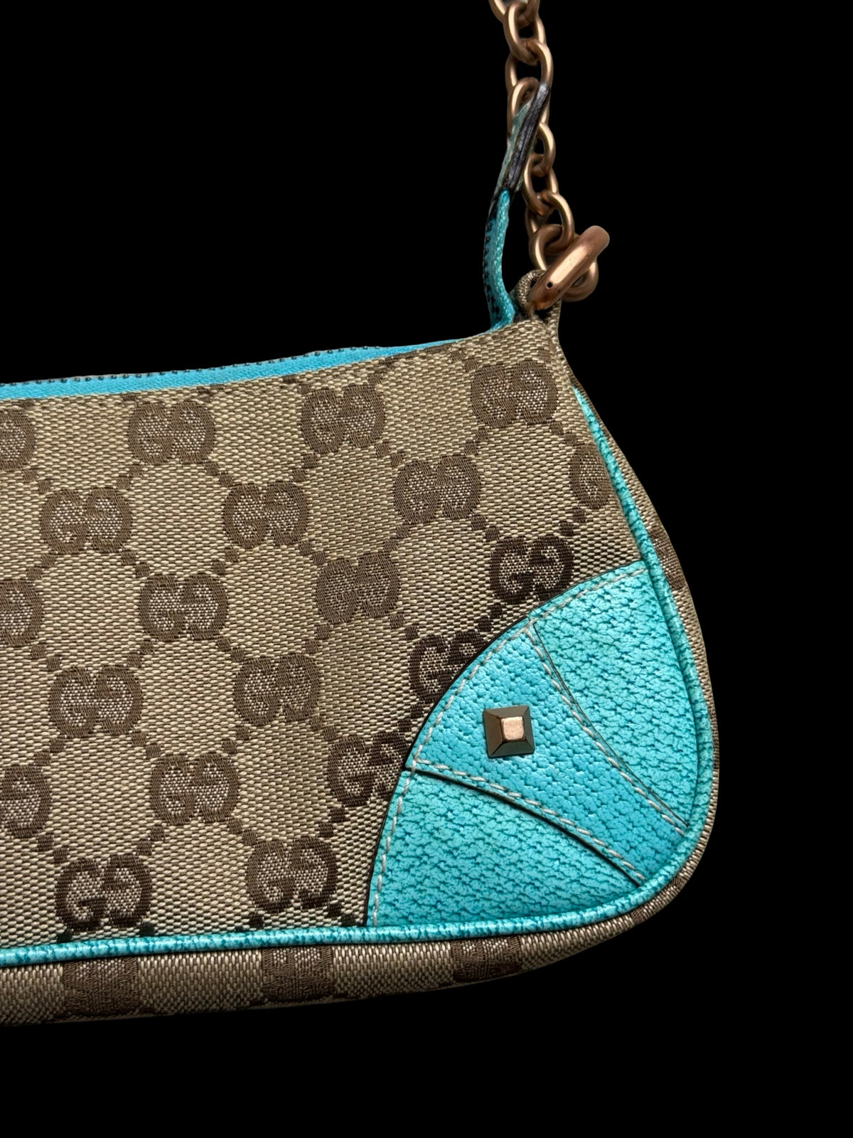 Vintage Gucci GG Canvas Nailhead Pochette Bag Brown/Turquoise Y2k Era Rare