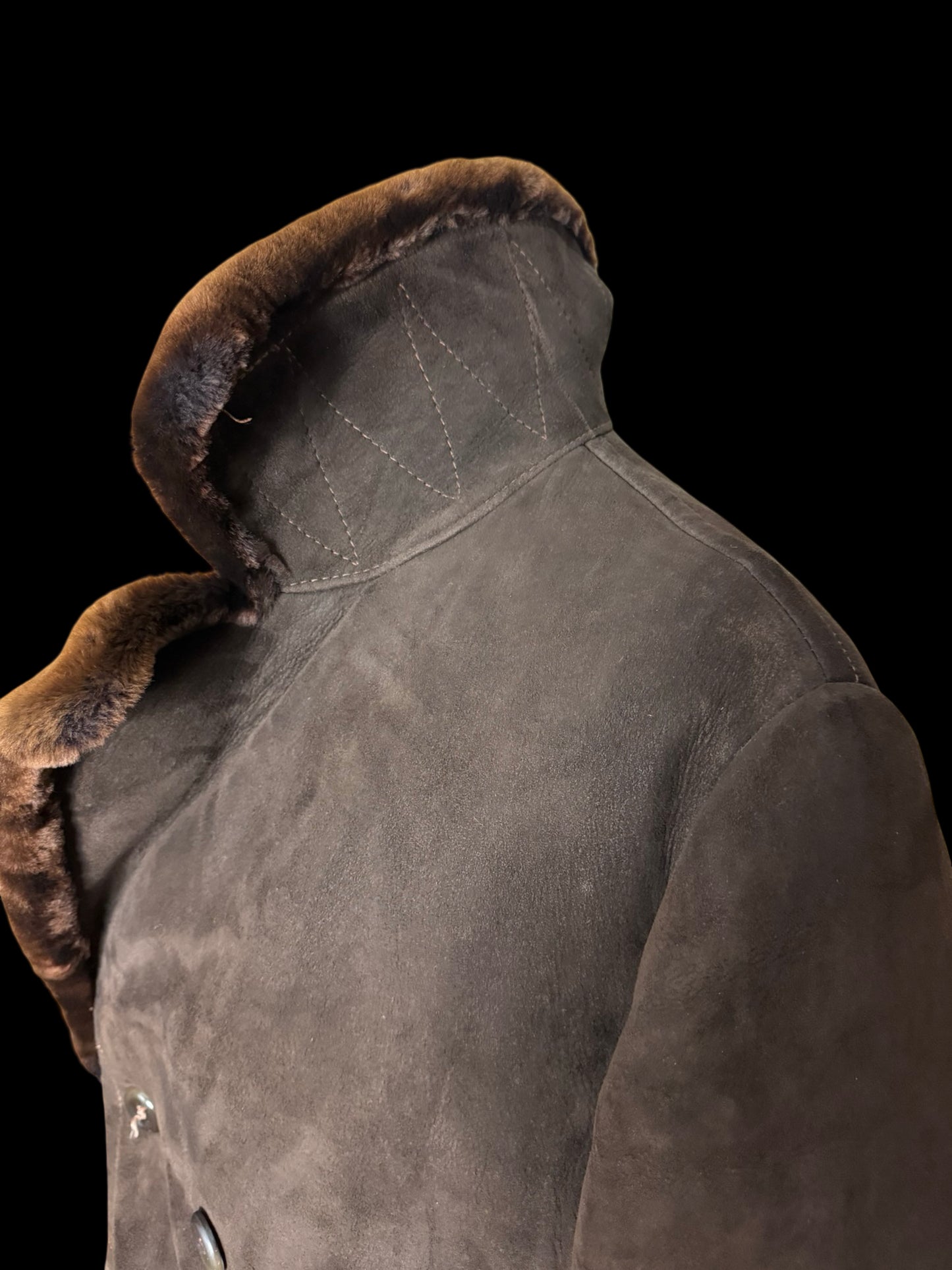 Vintage Men’s Double Breasted Sheepskin Overcoat 46” Dark Brown Back Belt