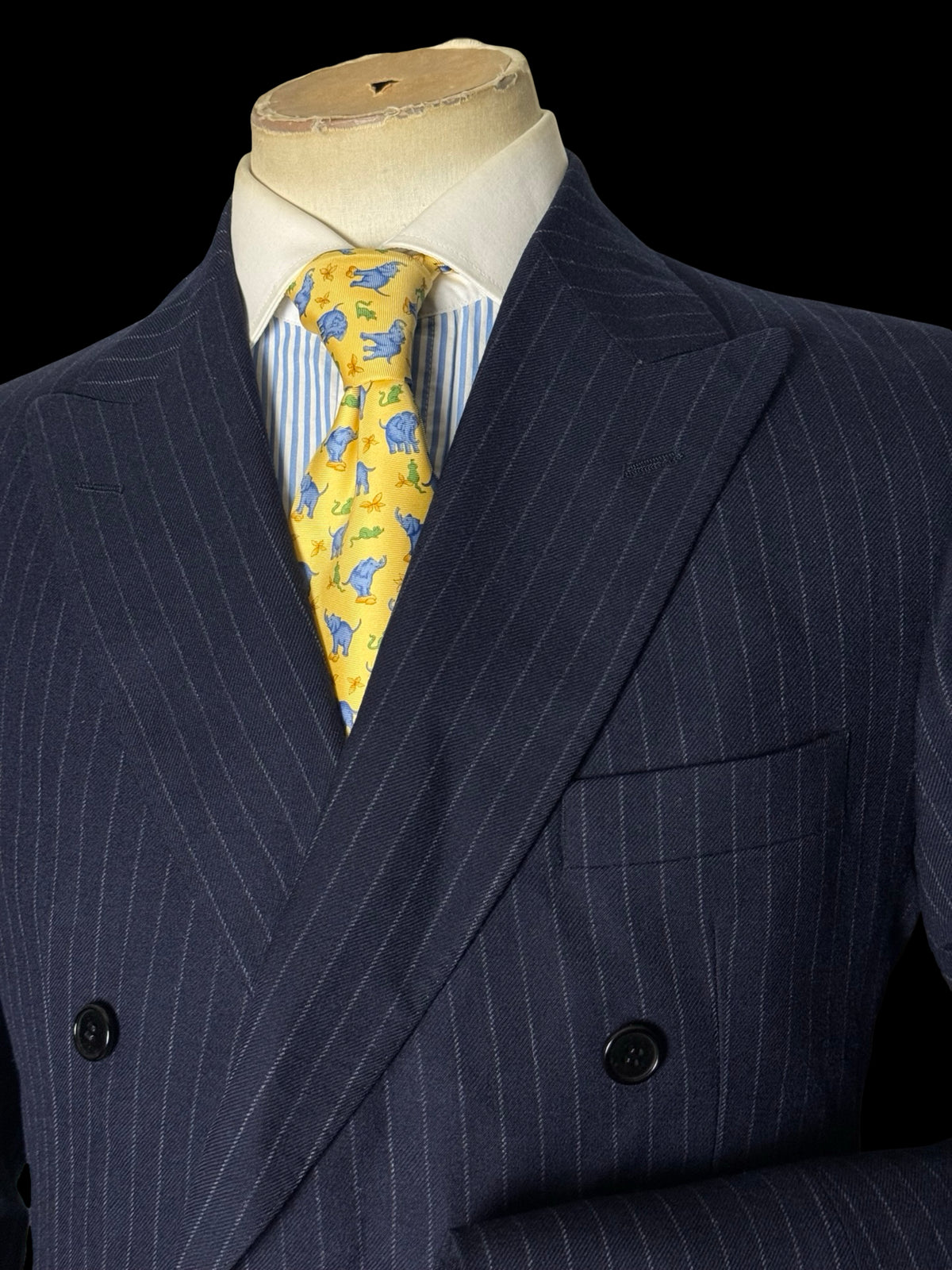 VTG Austin Reed Chester Barrie Navy Double Breasted Suit 39S/W34S Chalk Stripe