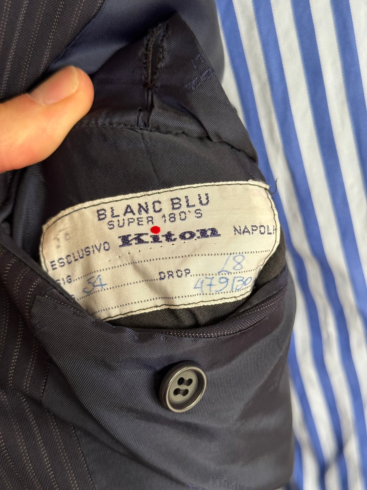 Kiton Navy Blue Pinstripe Suit 44L / W38L Blanc Blu Super 180’s Wool 2 Roll 3 14 Micron