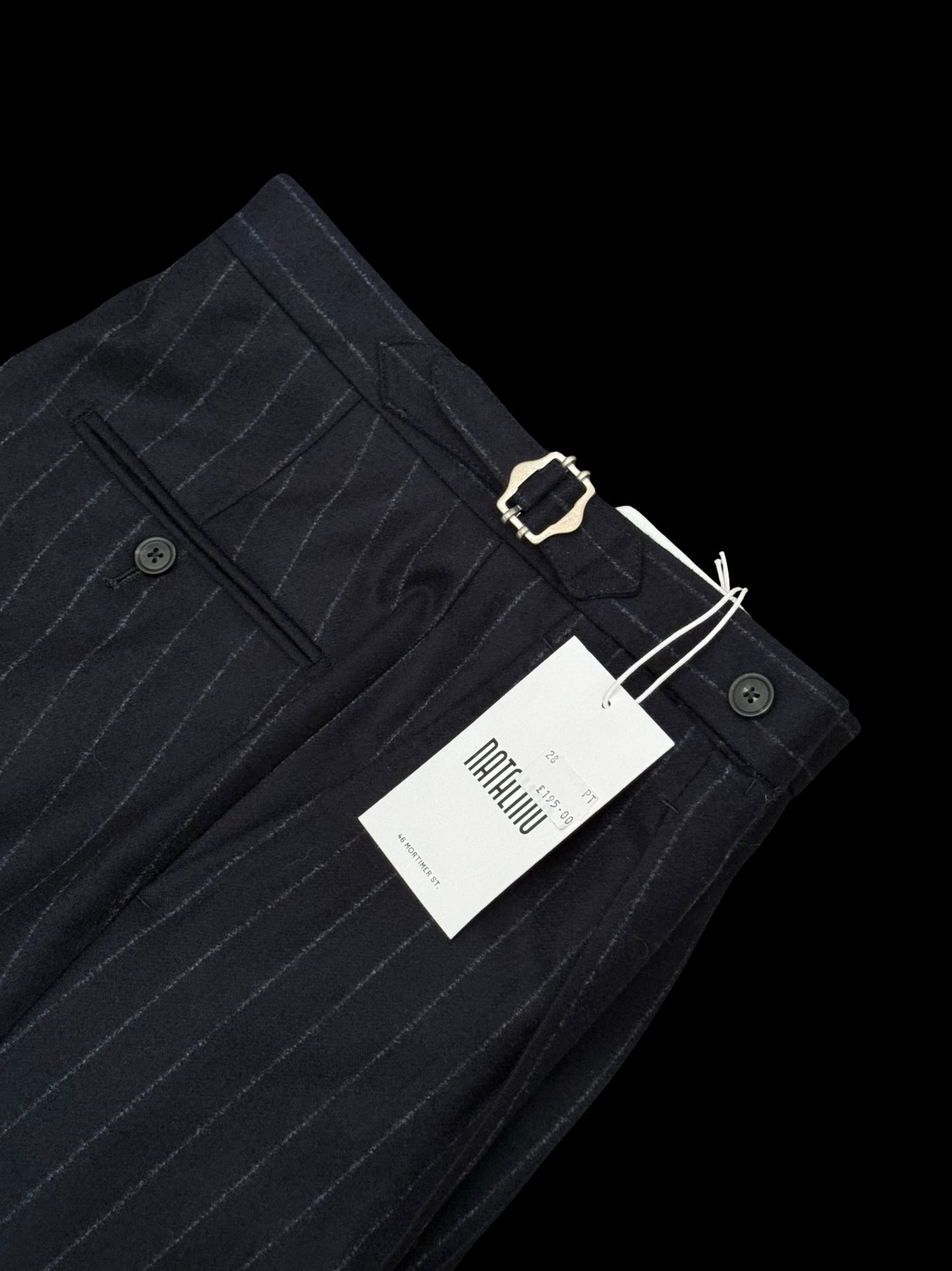 BNWT Natalino Pleat Front Trousers W28” Navy Flannel Wool Chalk Stripe RRP £195