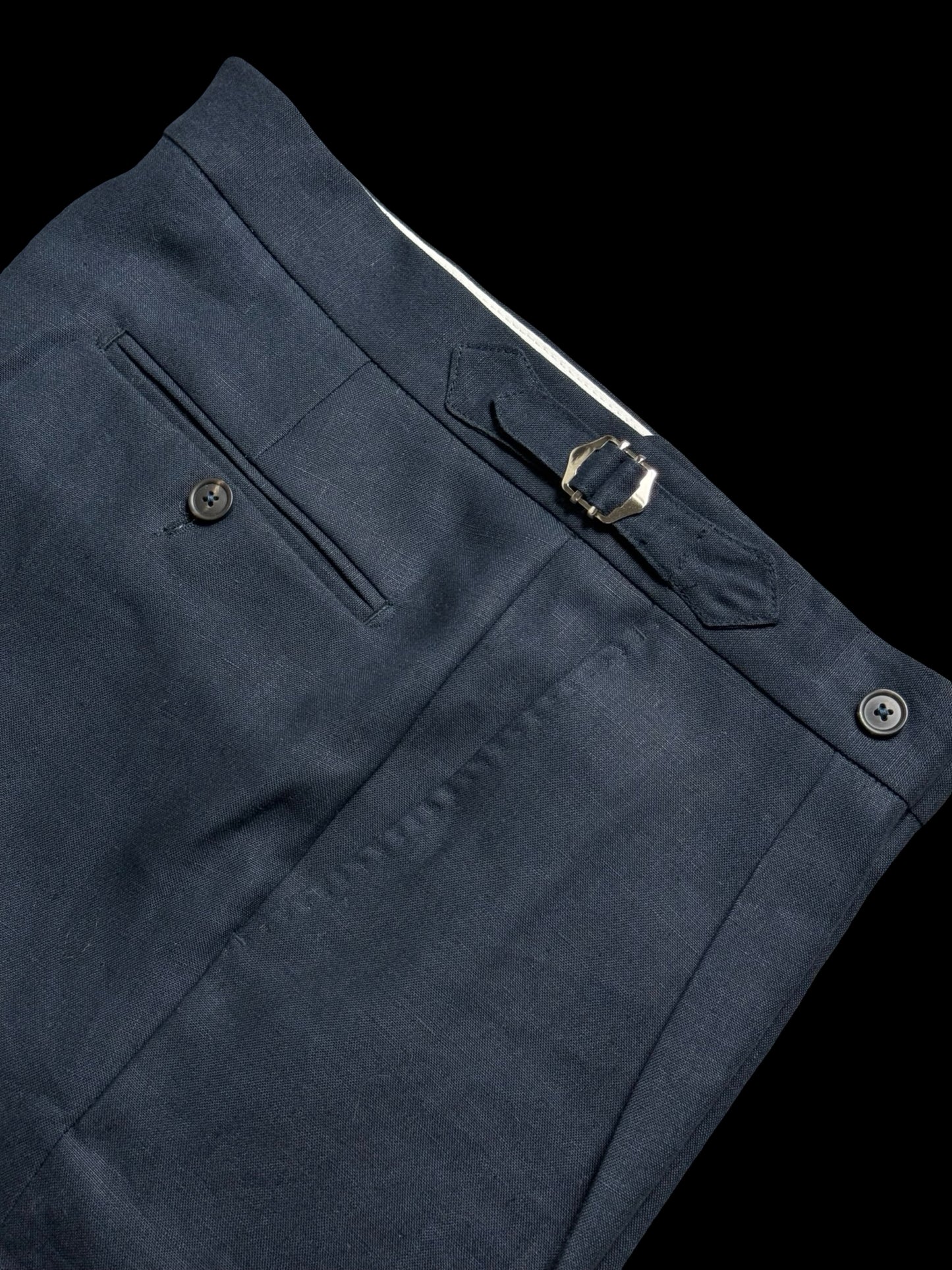 Natalino Single Pleat Navy Irish Linen Trousers W30R Side Adjusters RRP £200