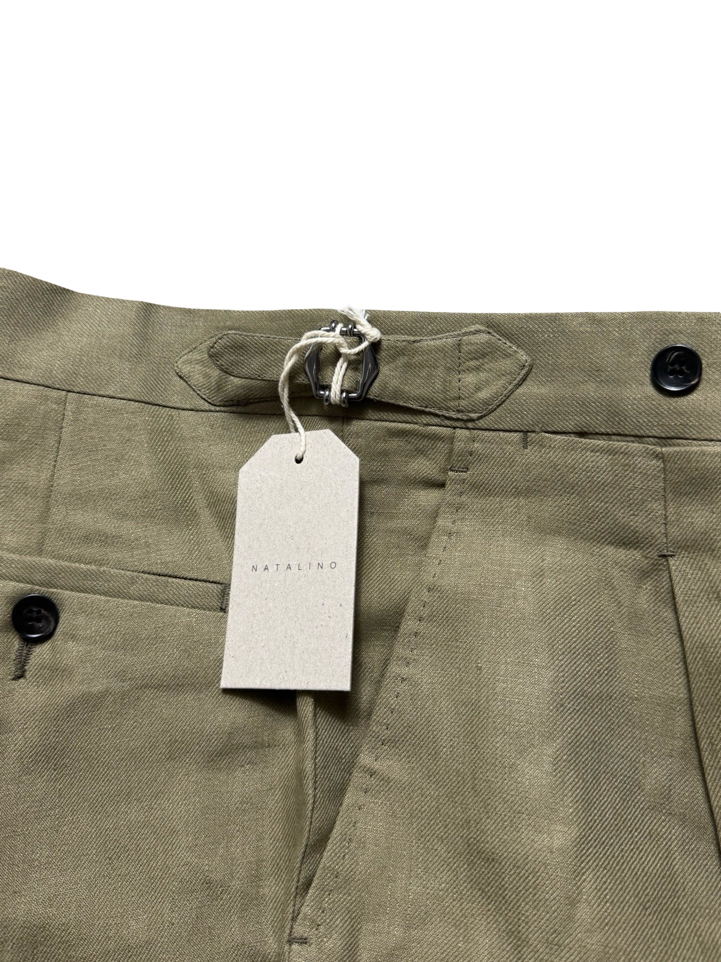 BNWT Natalino Single Pleat Khaki Linen Trousers IT44 W28-30” Baird Mcnutt RRP £200