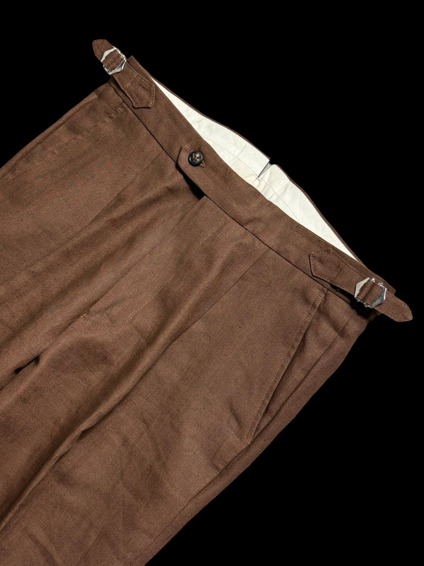 Natalino Single Pleat Tobacco Irish Linen Trousers W30S Side Adjusters RRP £200