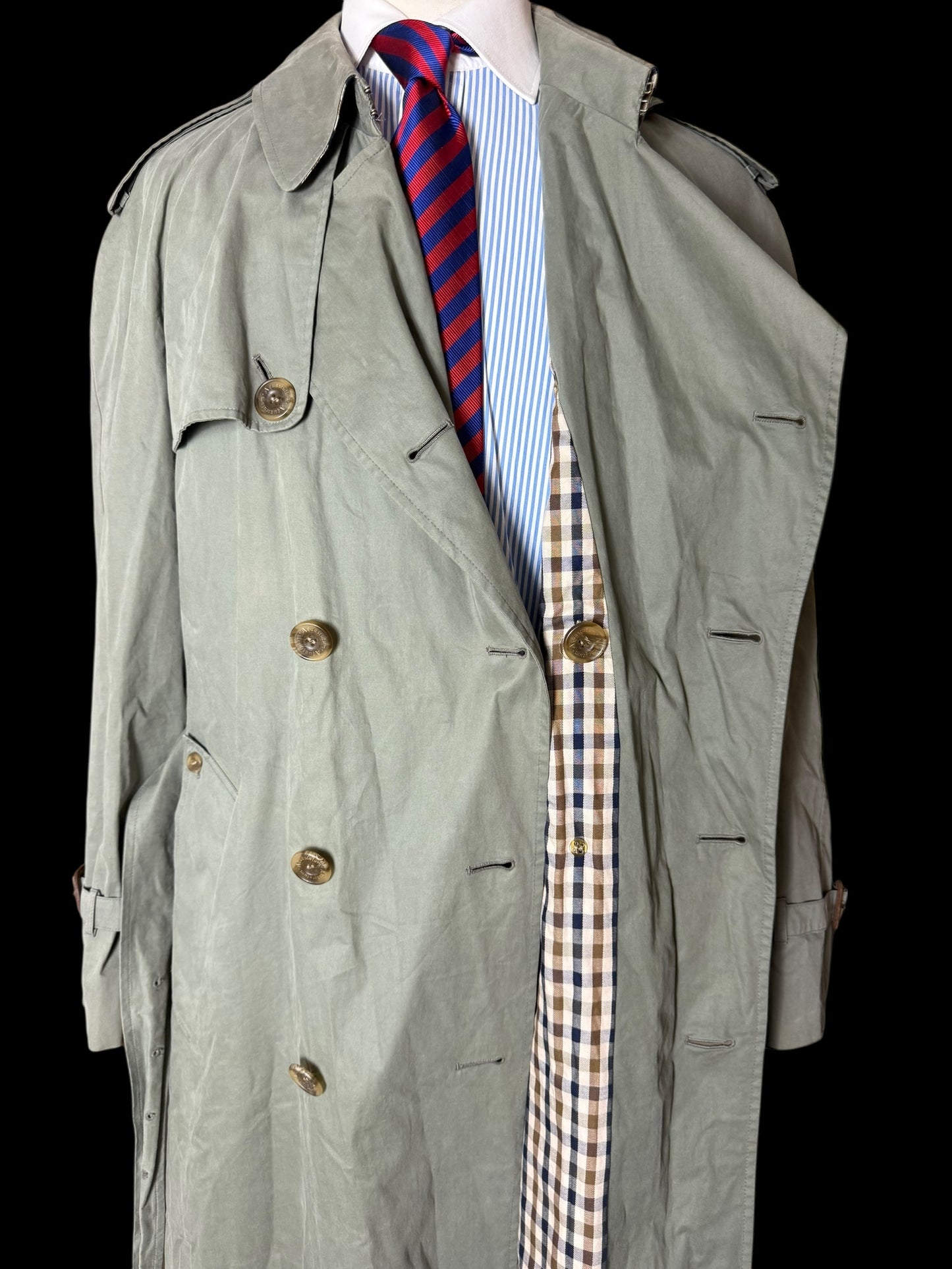 Vintage Men’s Aquascutum Sage Green Belted Trench Coat Size 42” Made In England