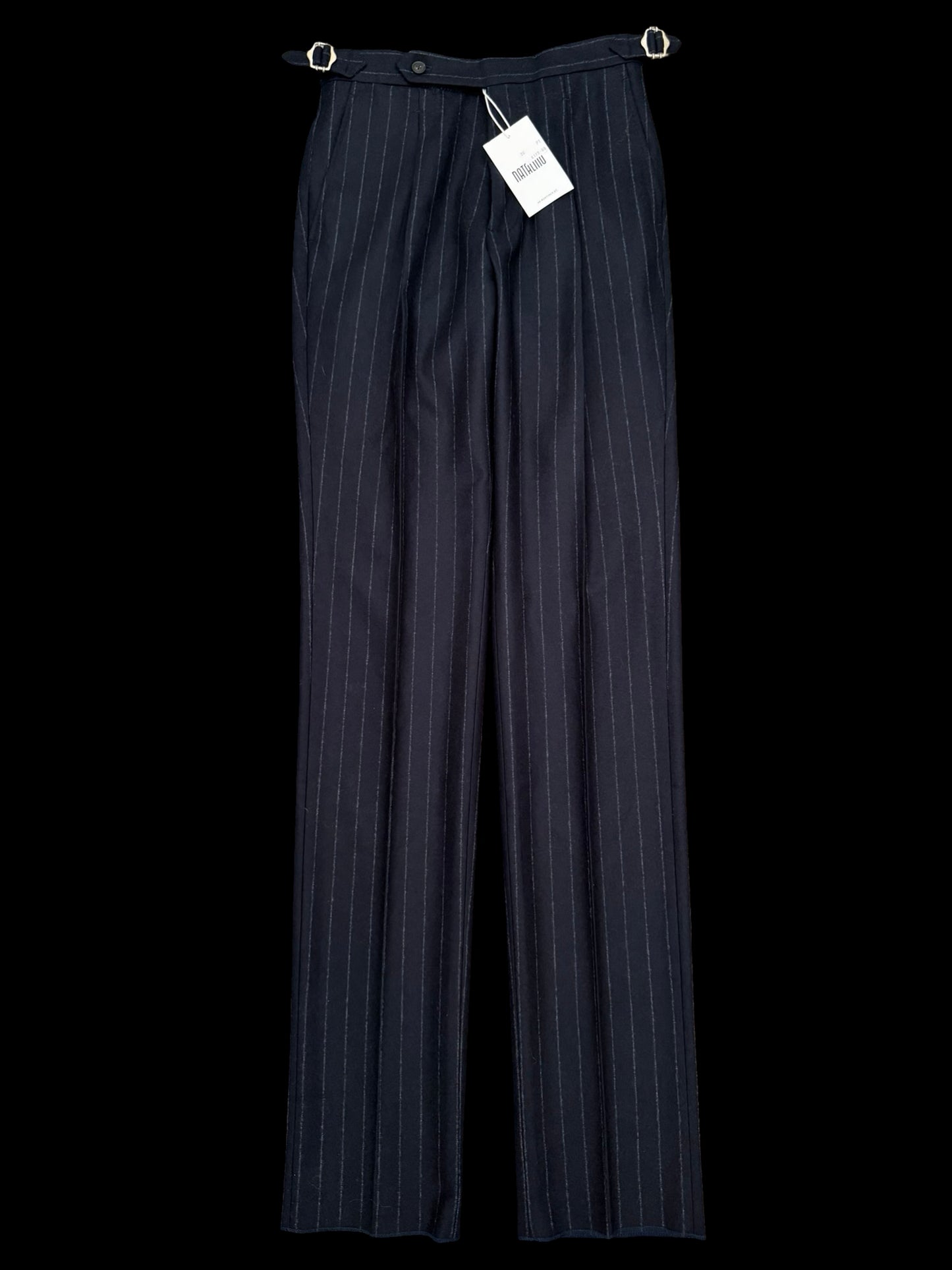 BNWT Natalino Pleat Front Trousers W28” Navy Flannel Wool Chalk Stripe RRP £195