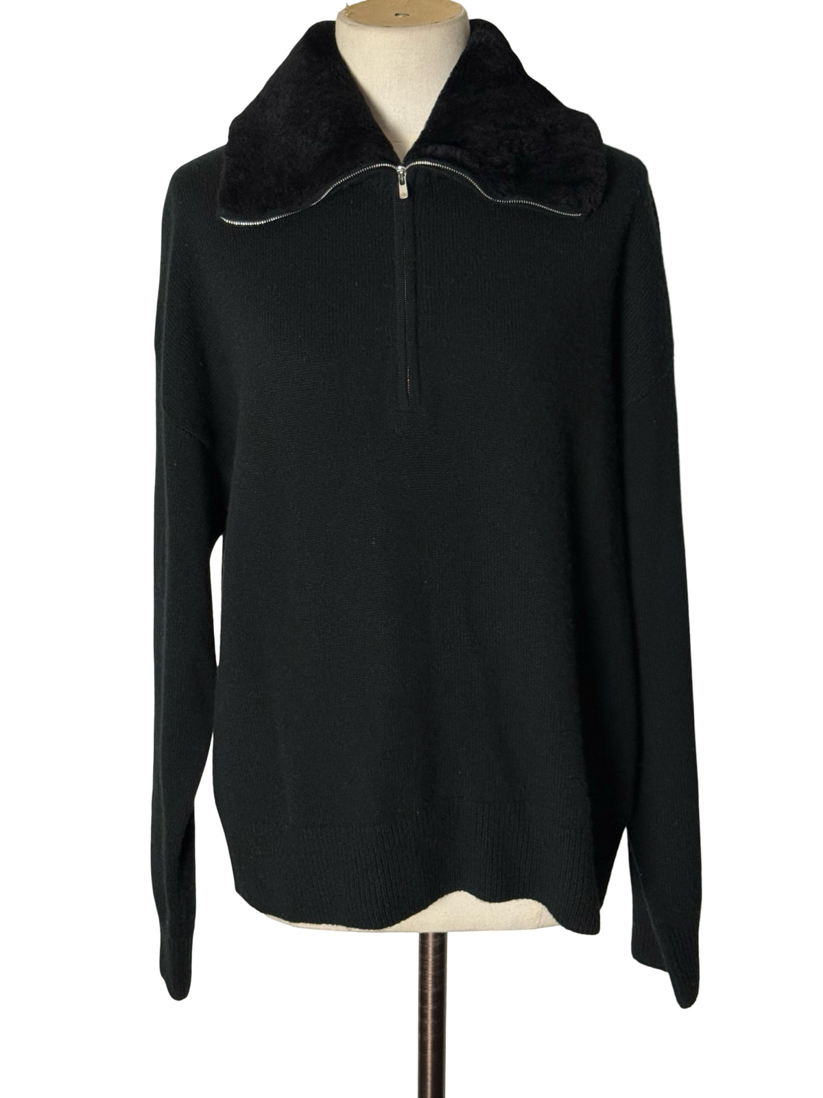 Women’s N.Peal Black Cashmere Zip Neck Jumper Shearling Collar Size M RRP £795