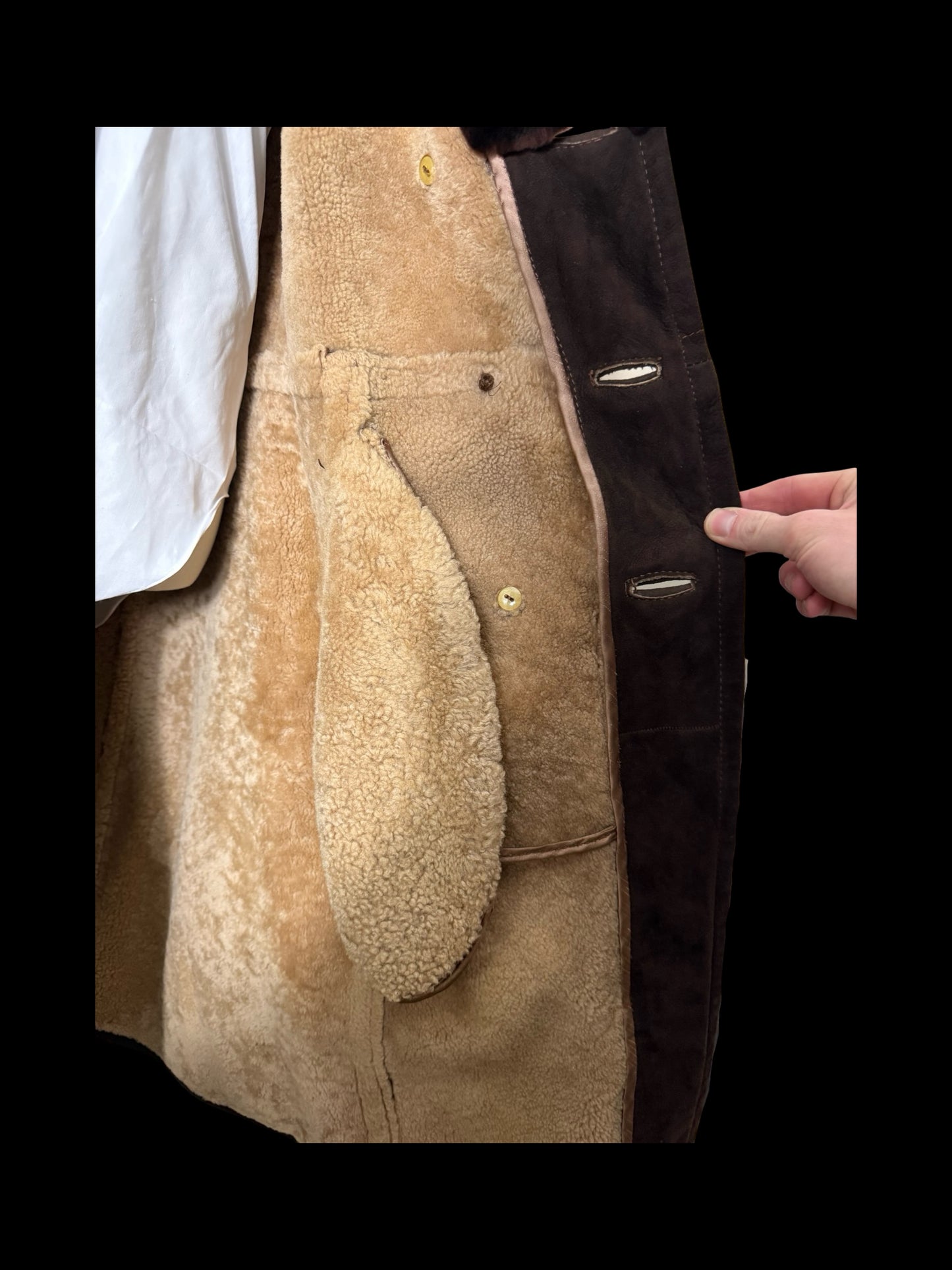 Vintage Men’s Double Breasted Sheepskin Overcoat 46” Dark Brown Back Belt