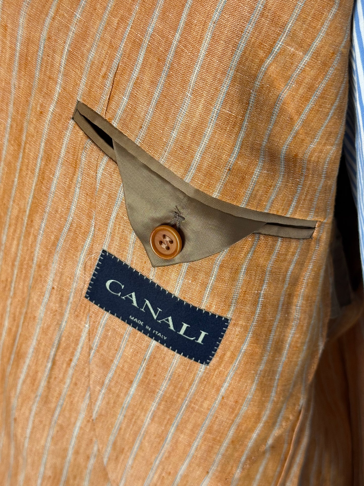 Men’s Canali Pure Linen Orange Sportcoat Blazer 48L EU58 Pinstripe
