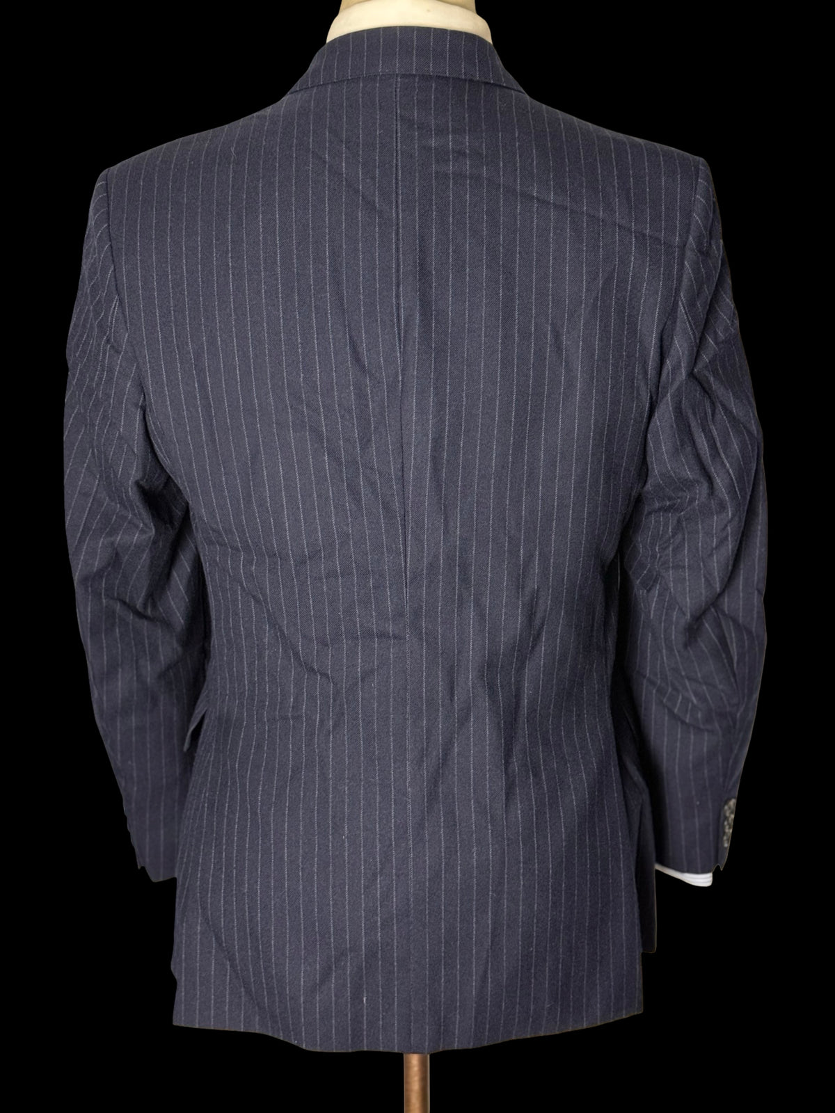 VTG Austin Reed Chester Barrie Navy Double Breasted Suit 39S/W34S Chalk Stripe