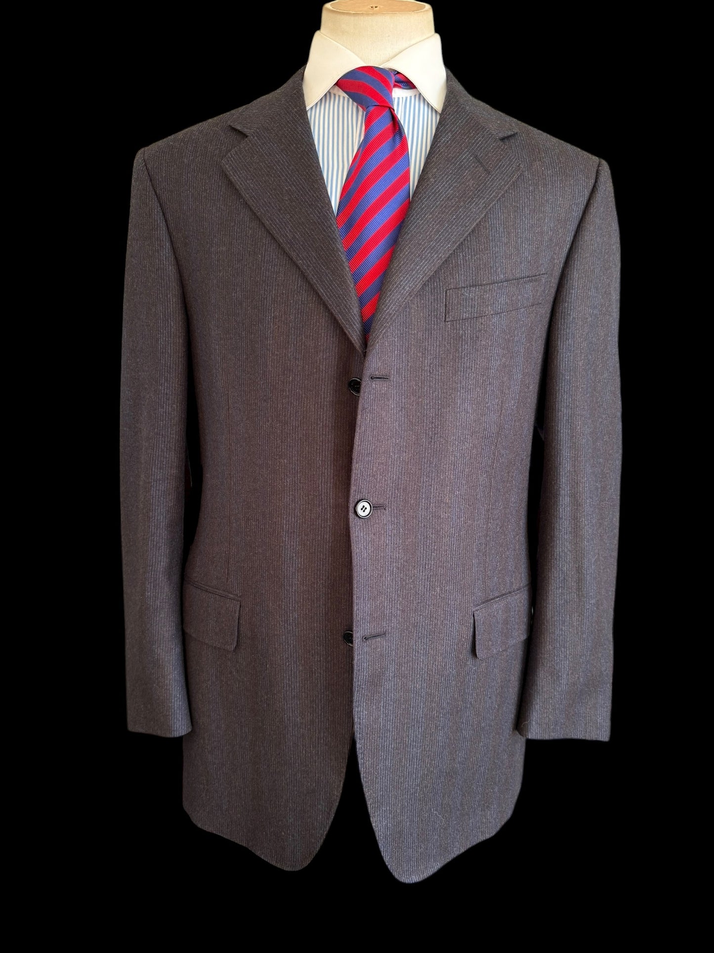 Canali Striped Flannel Suit 44L / W36R Navy & Brown Super 120’s Wool Full Canvas