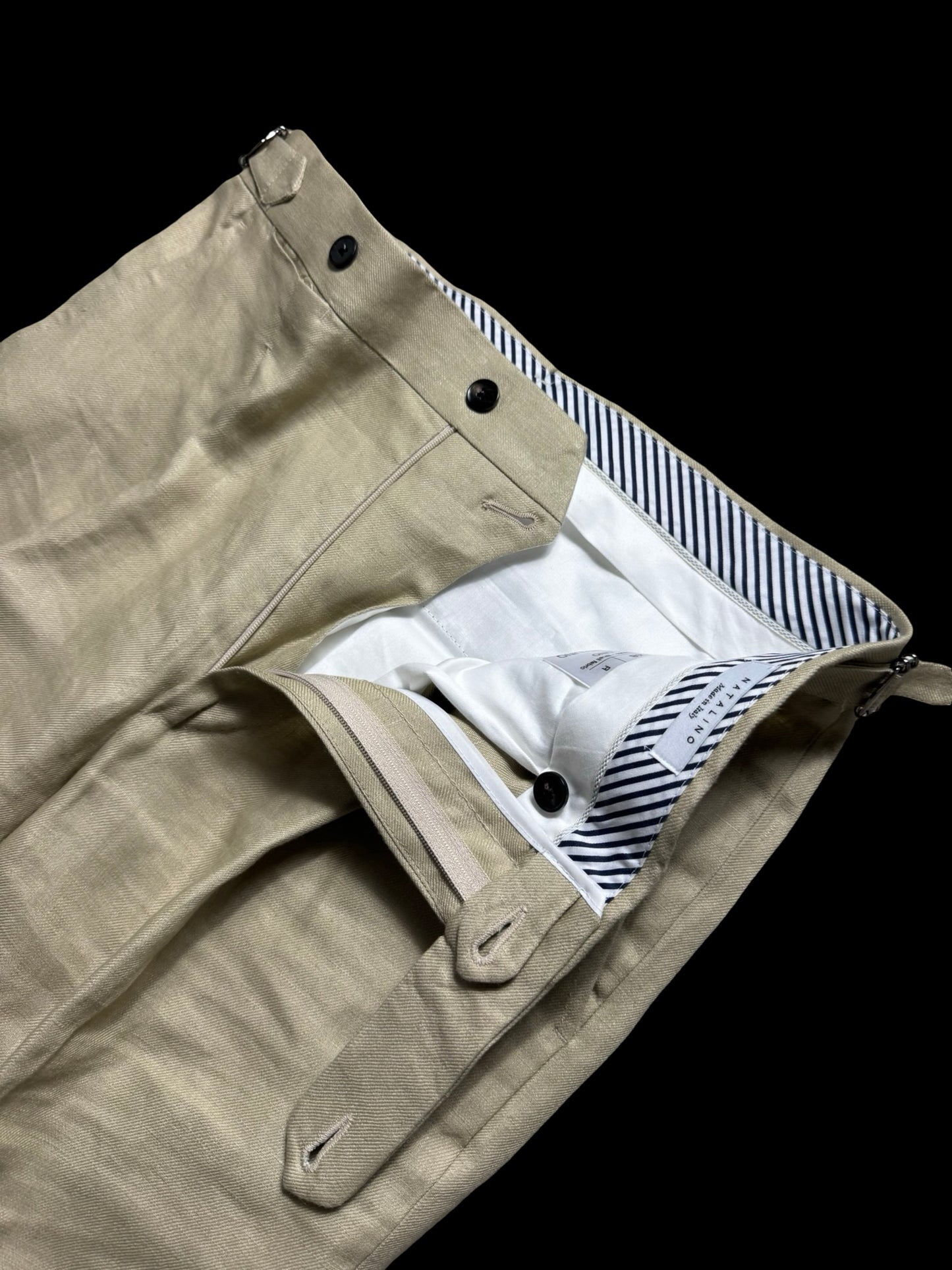 Natalino Single Pleat Khaki Irish Linen Trousers W32S Side Adjusters RRP £200