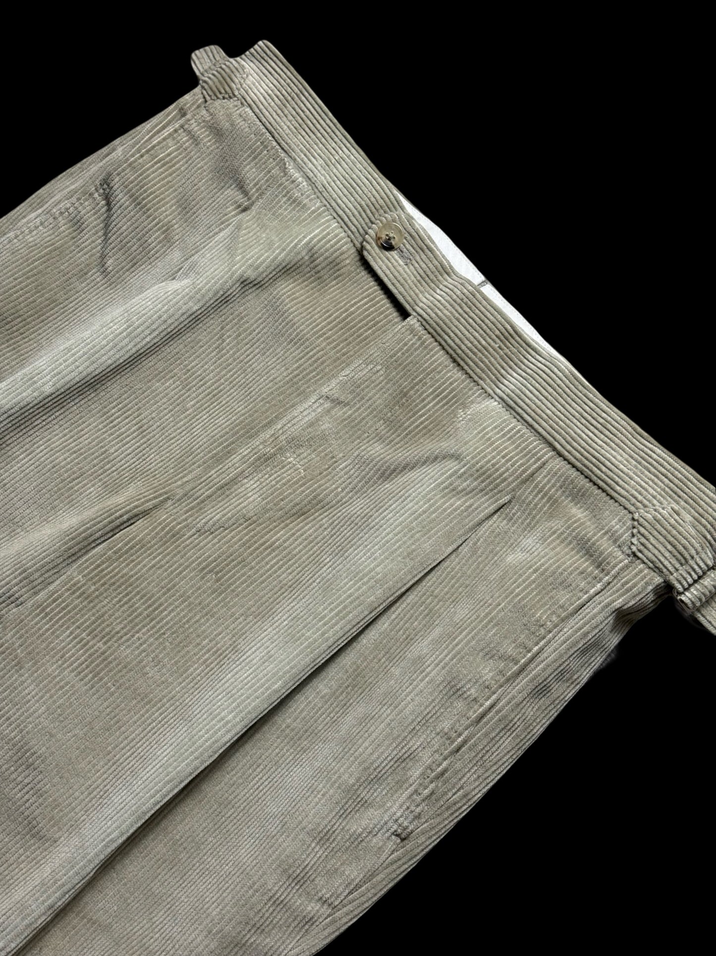 P. Johnson Sage Thick Corduroy Pleat Front Trousers W32-34” Short