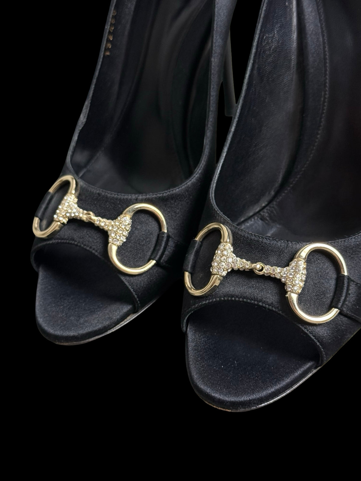 Vintage Gucci Satin Black Embellished Horsebit Peeptoe Hollywood Heels EU39C UK6
