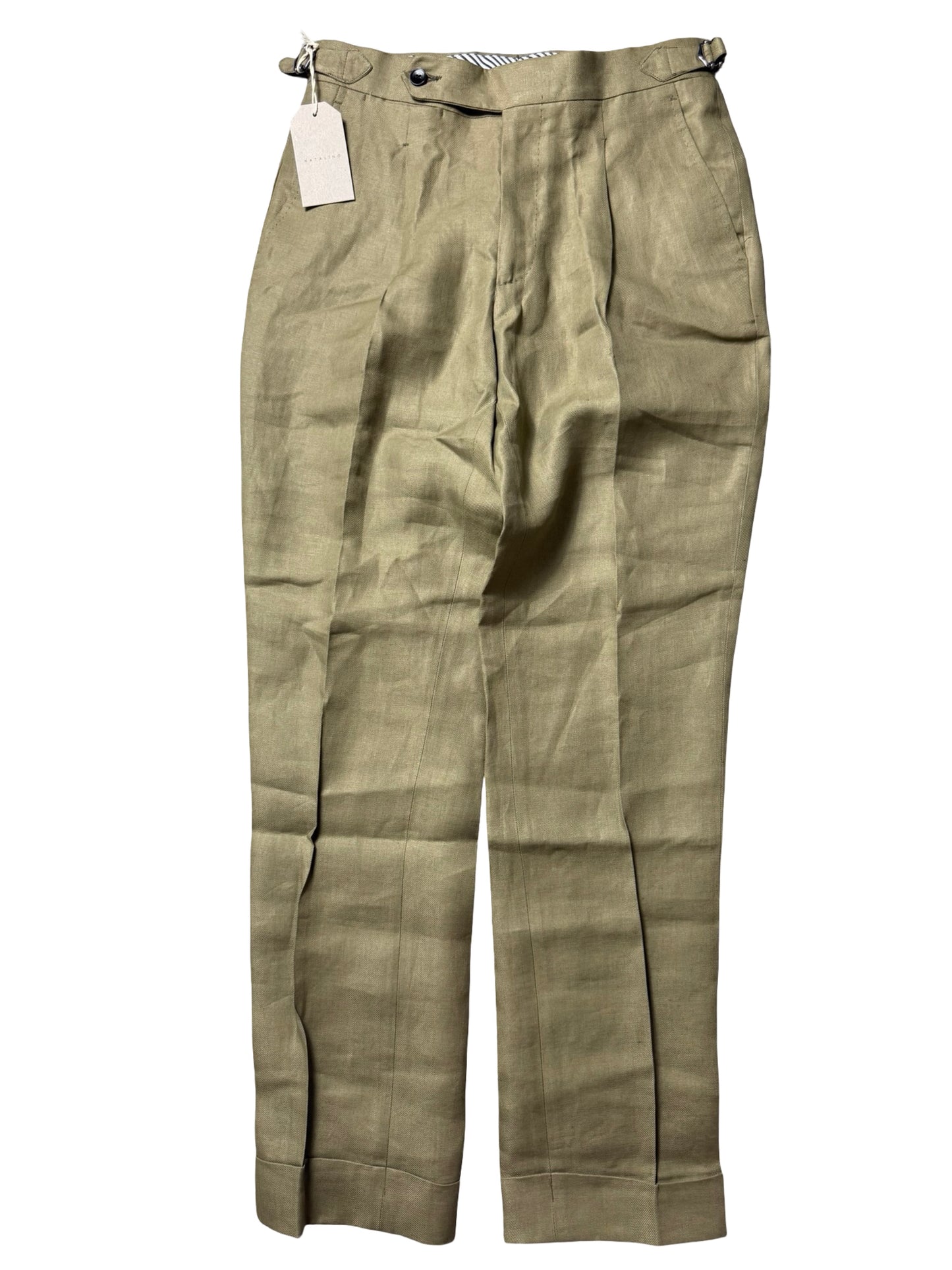 BNWT Natalino Single Pleat Khaki Linen Trousers IT44 W28-30” Baird Mcnutt RRP £200