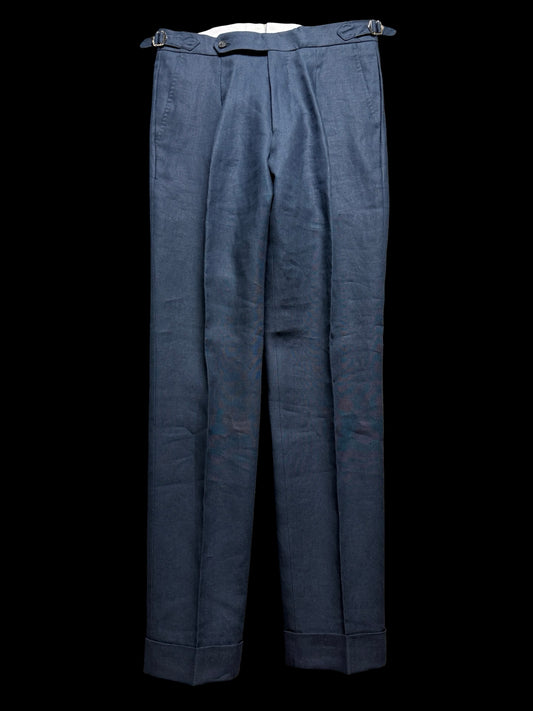 Natalino Single Pleat Navy Irish Linen Trousers W30R Side Adjusters RRP £200