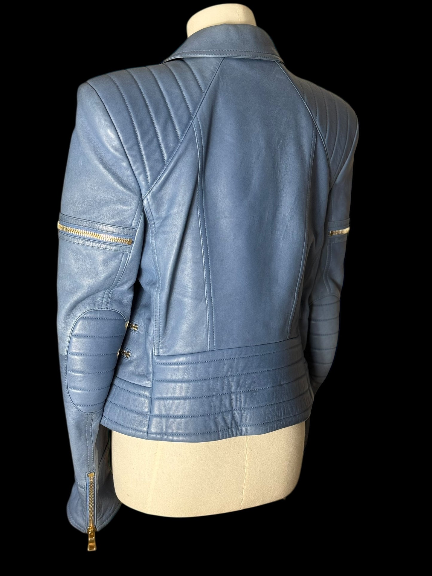 Women’s Balmain Blue Leather Biker Jacket FR42 Large RRP £2k+
