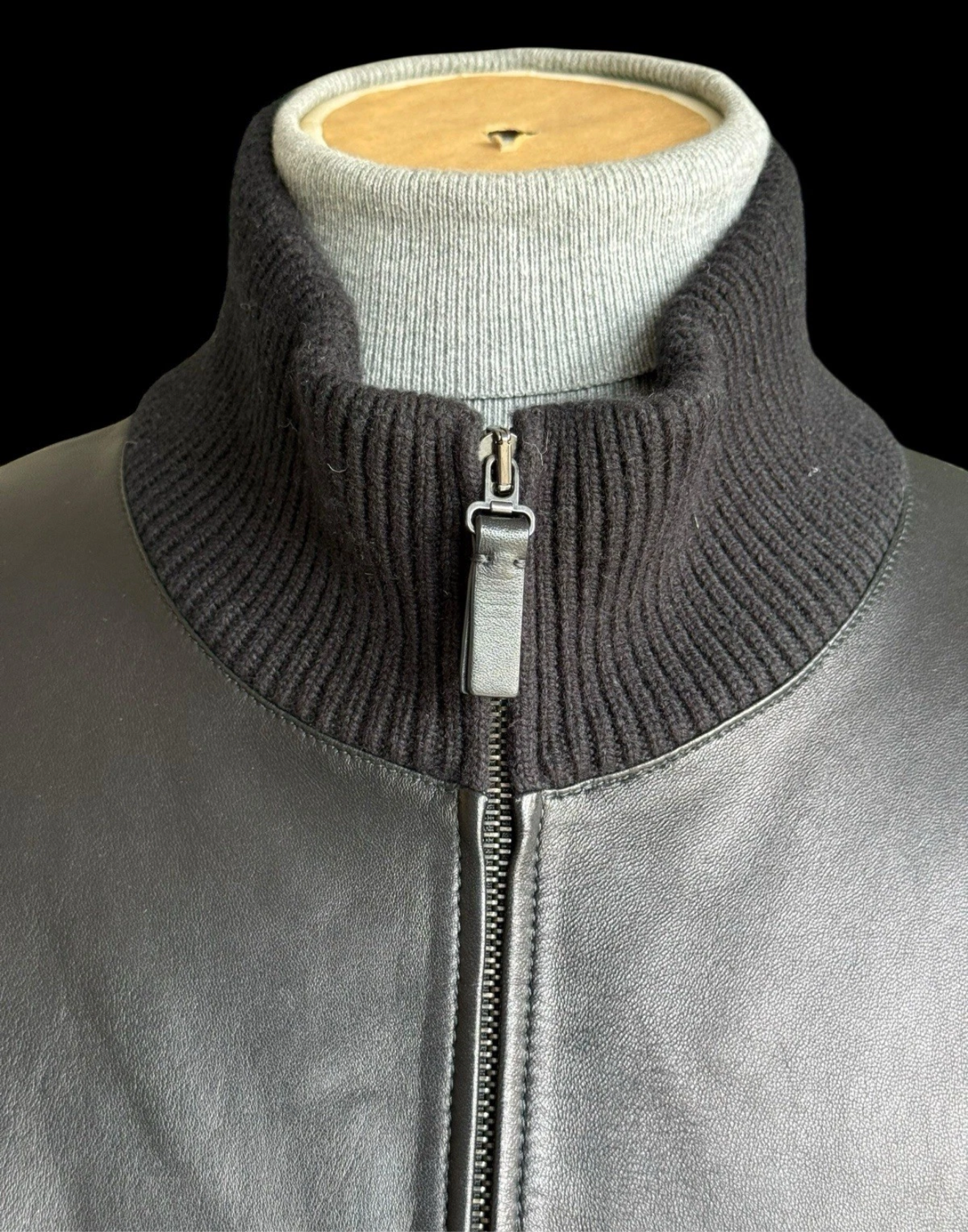 Men’s Brioni Leather Blouson Jacket Knitted Sleeves Size 58