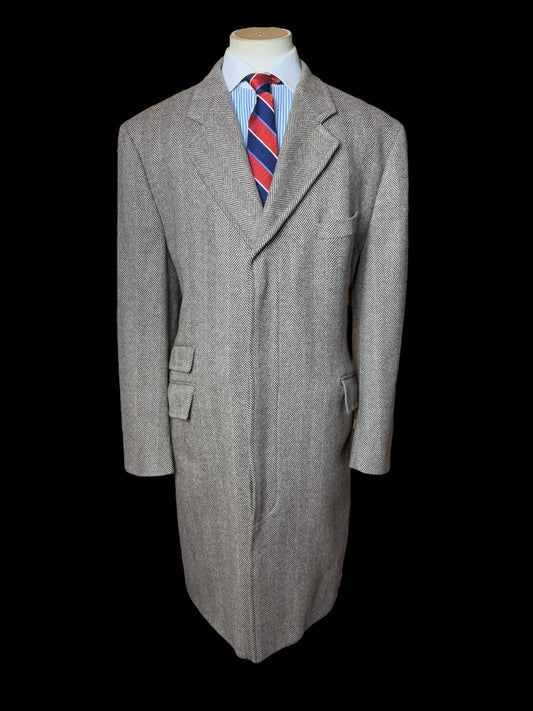 Richard James Savile Row Herringbone Overcoat 44R Wool Cashmere Beige Brown