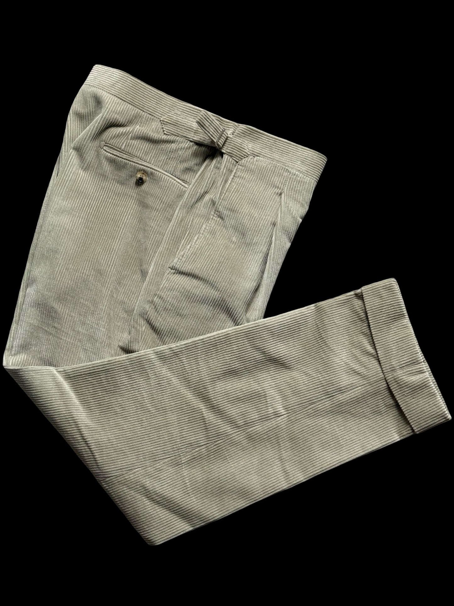 P. Johnson Sage Thick Corduroy Pleat Front Trousers W32-34” Short