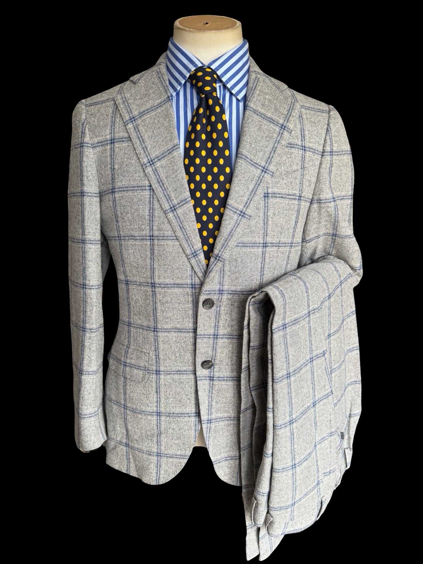 Suit Supply Lazio Wool Silk Linen Suit 38R / W36” Grey Blue Check