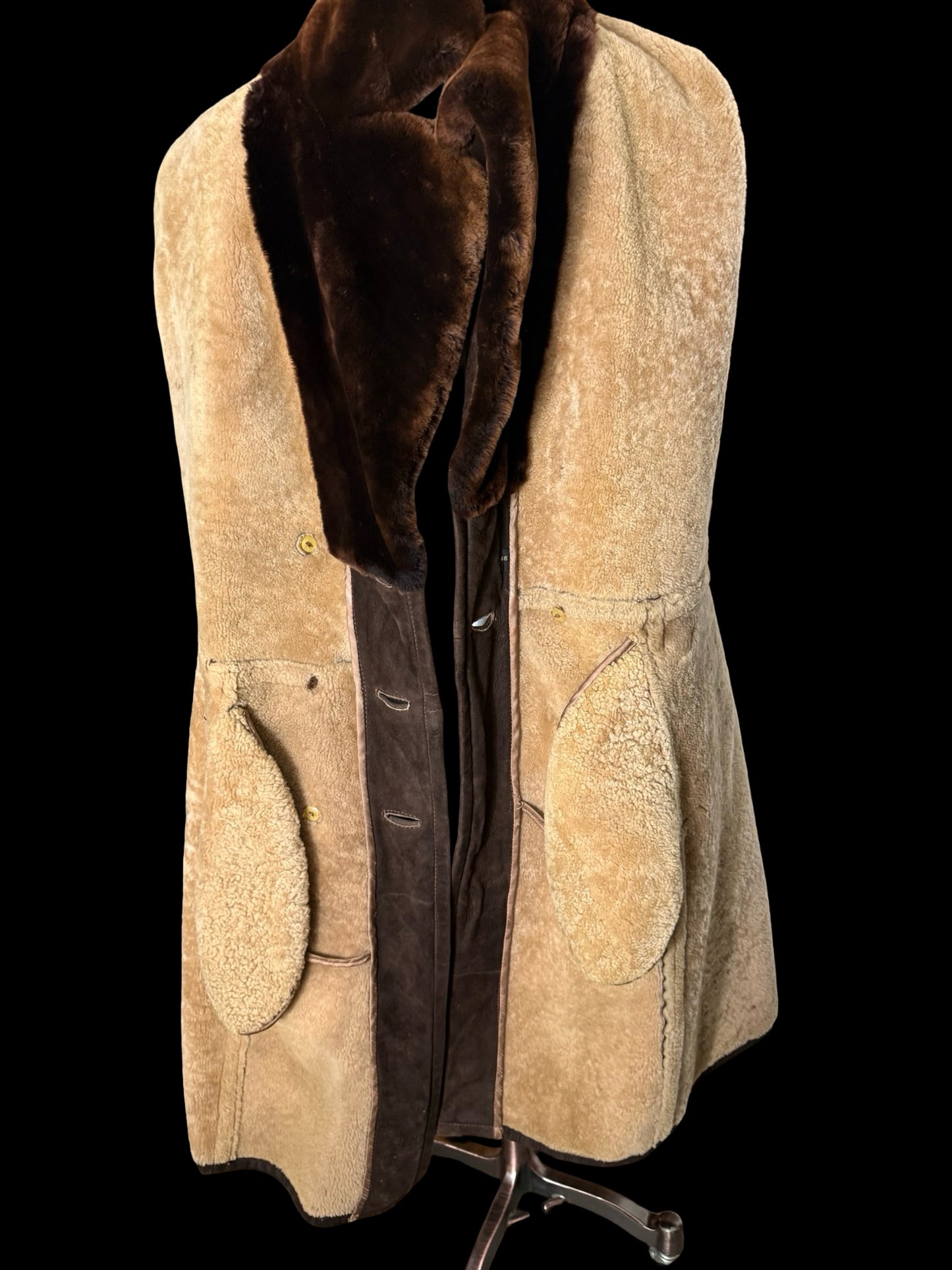 Vintage Men’s Double Breasted Sheepskin Overcoat 46” Dark Brown Back Belt