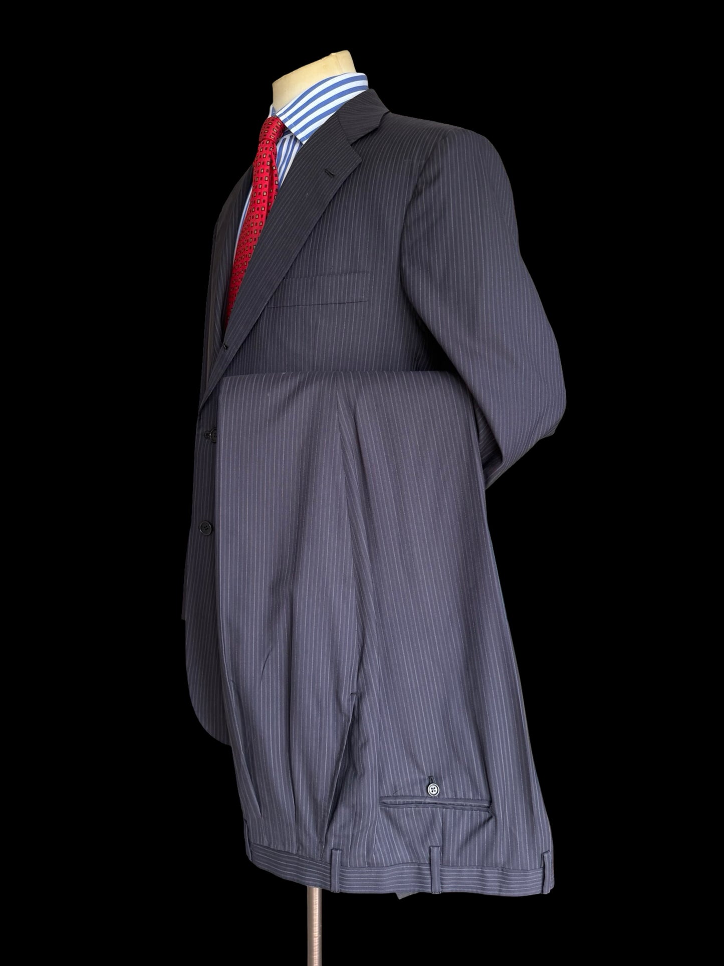 Kiton Navy Blue Pinstripe Suit 44L / W38L Blanc Blu Super 180’s Wool 2 Roll 3 14 Micron