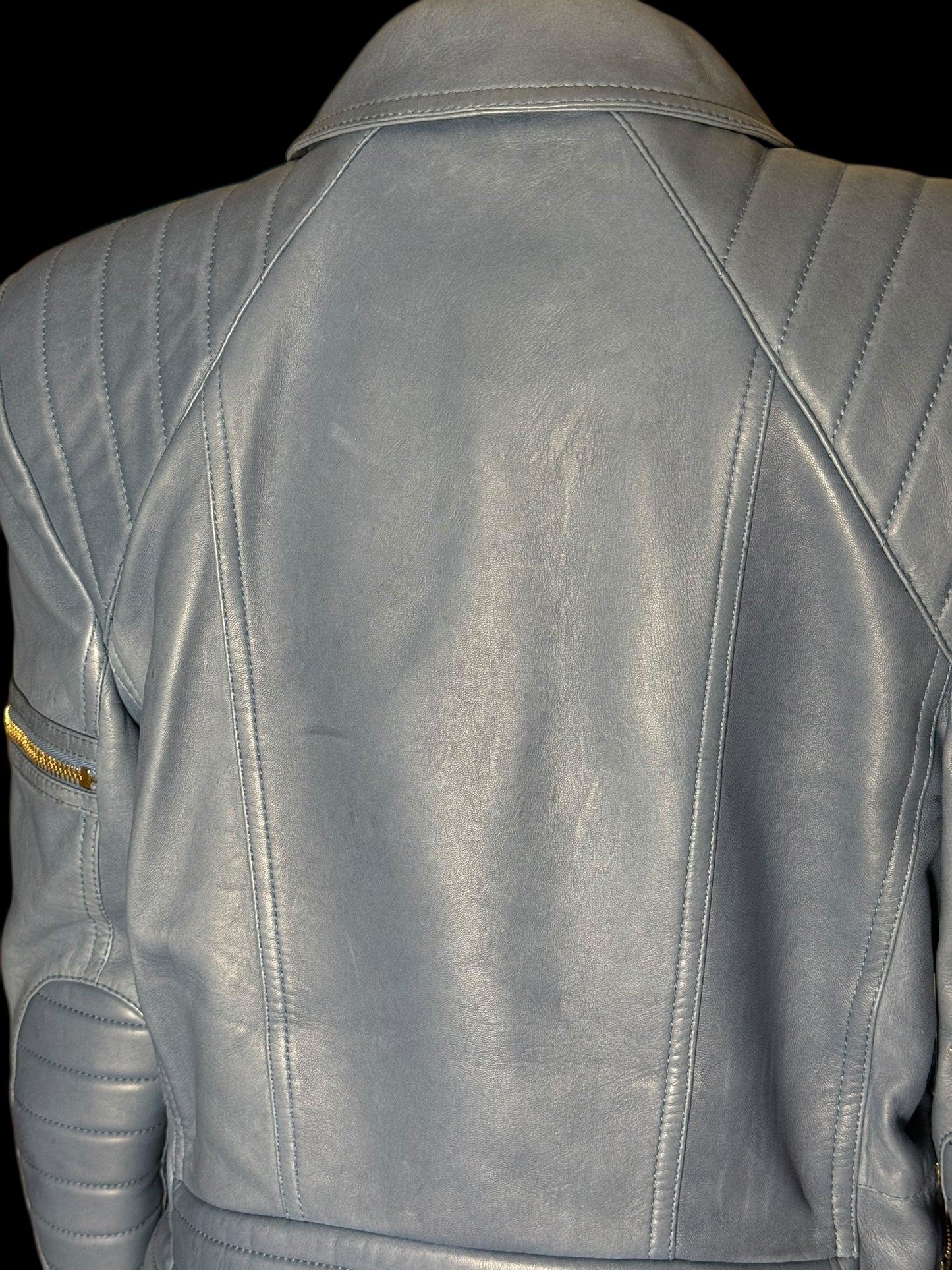 Women’s Balmain Blue Leather Biker Jacket FR42 Large RRP £2k+
