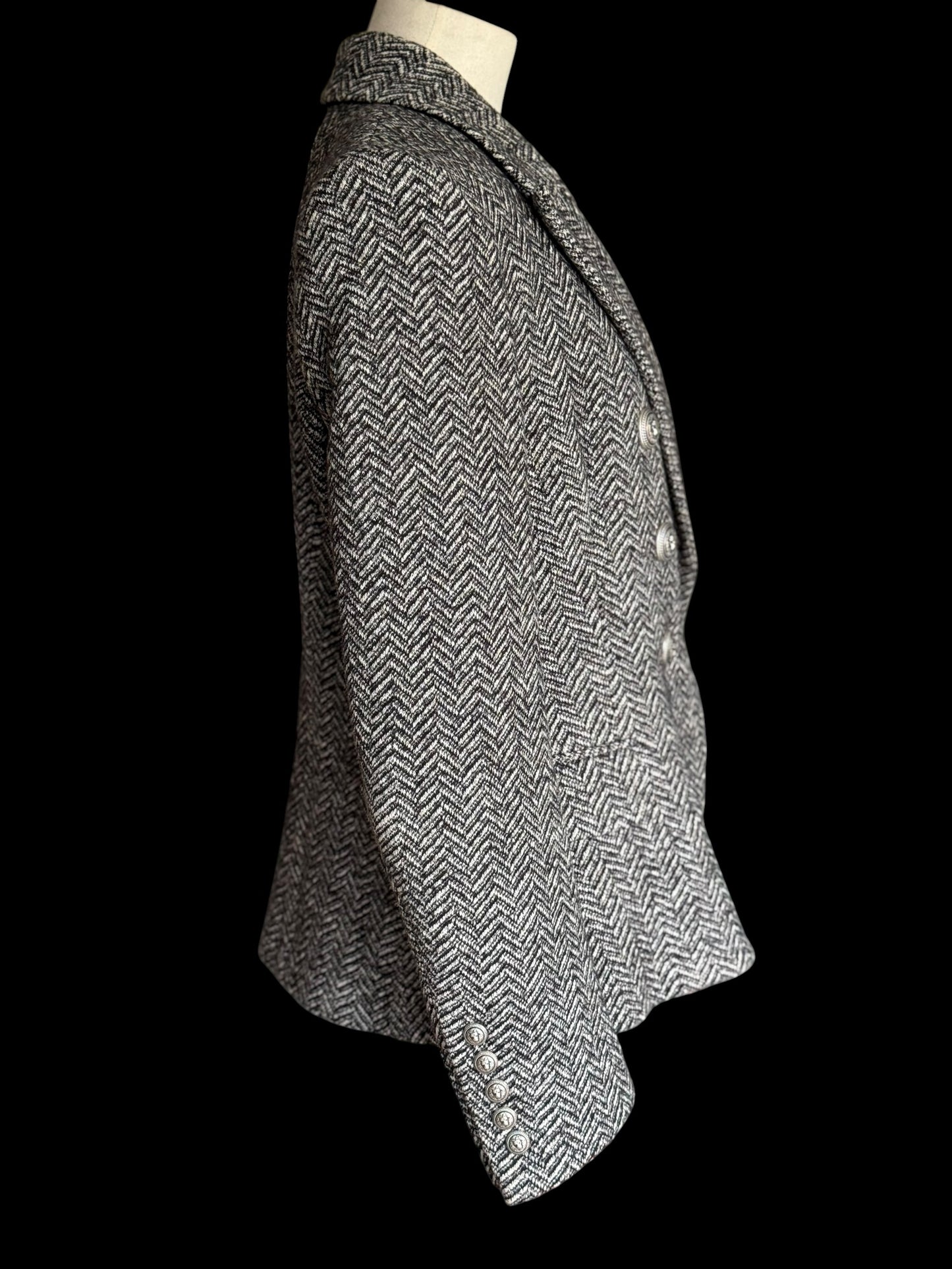 Balmain Double Breasted Black White Herringbone Tweed Fitted Blazer 44 RRP £2k+