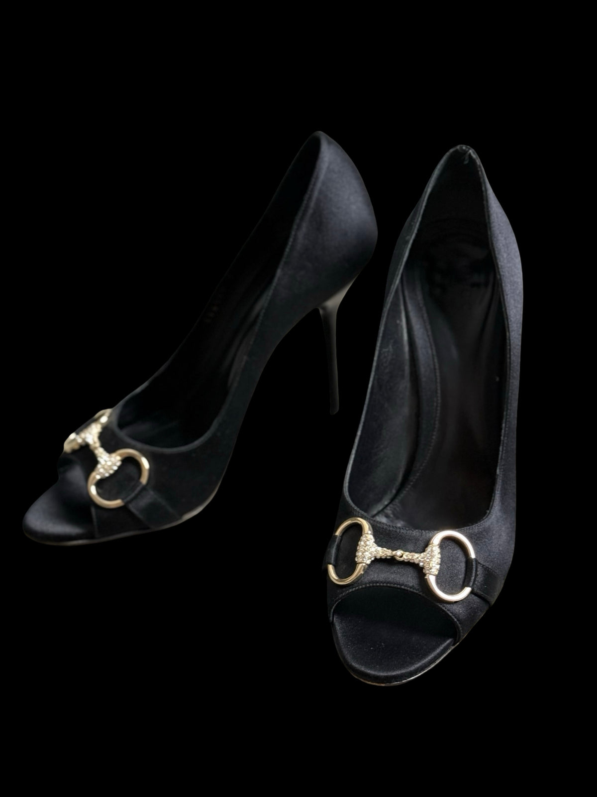 Vintage Gucci Satin Black Embellished Horsebit Peeptoe Hollywood Heels EU39C UK6