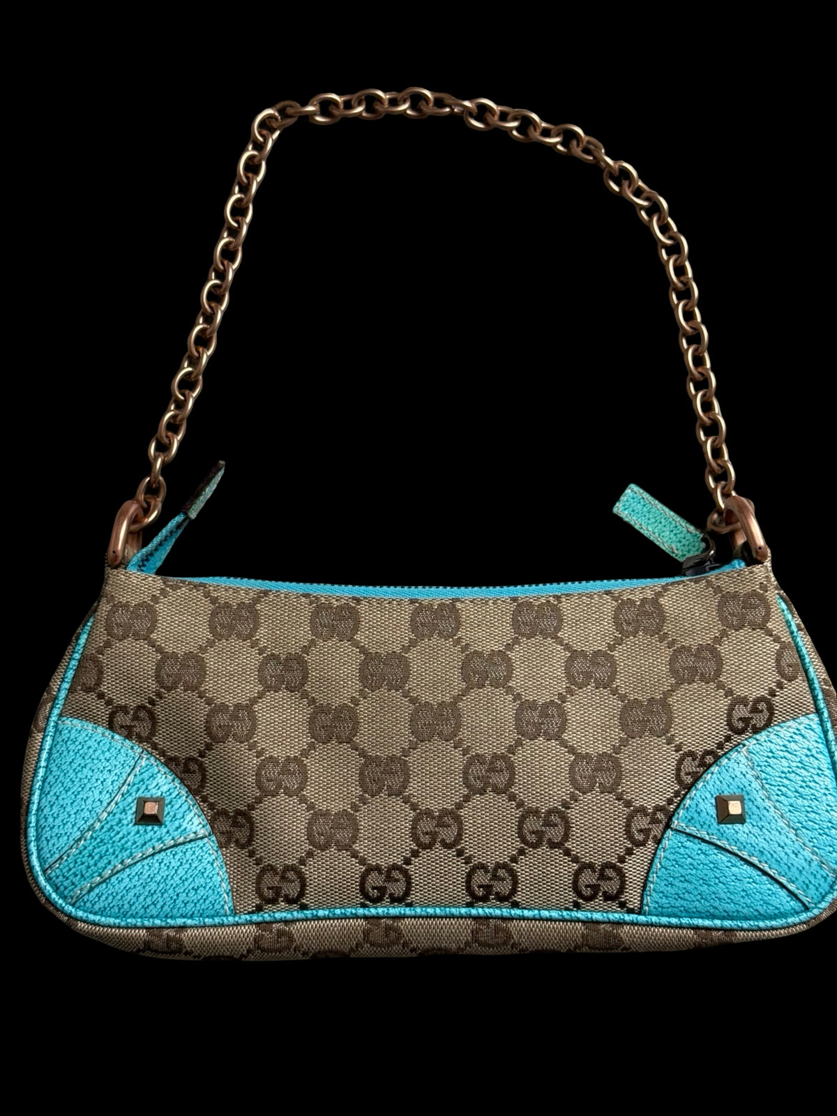 Vintage Gucci GG Canvas Nailhead Pochette Bag Brown/Turquoise Y2k Era Rare