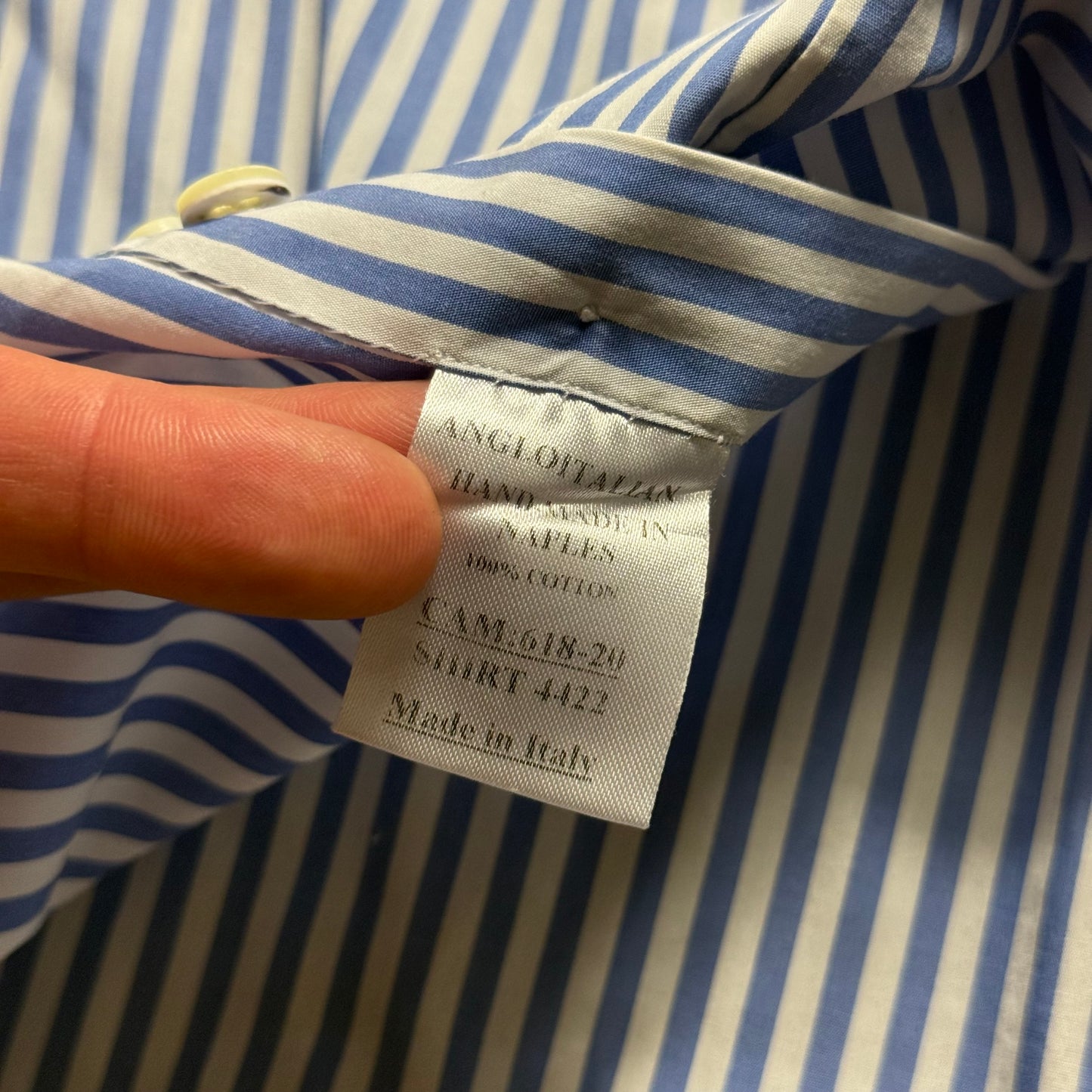 Anglo Italian Striped Button Down Shirt Size 15.5” Light Blue & White Hand Made