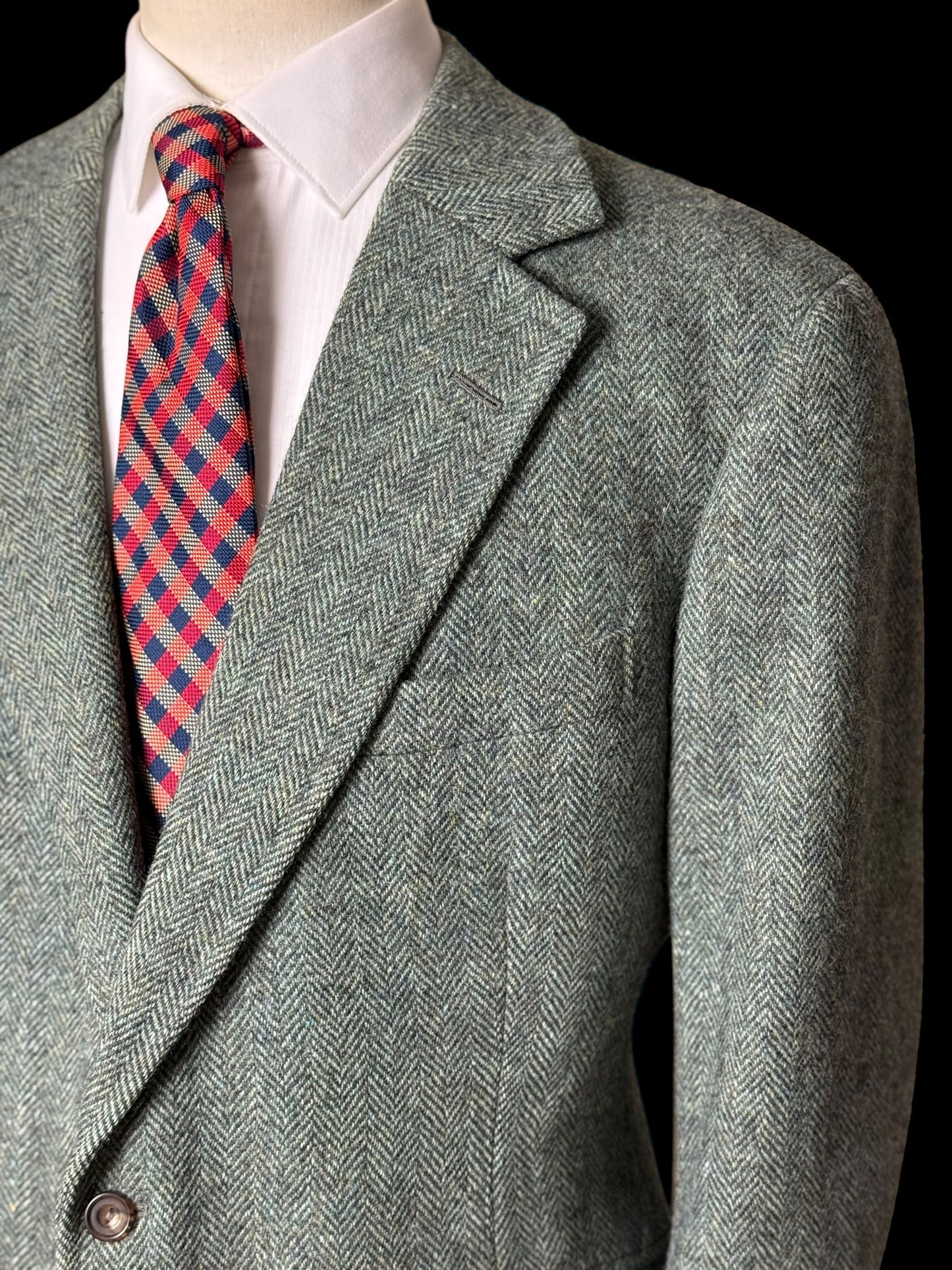 Bespoke Henry Poole Savile Row Tweed Sport Coat 44S/R Herringbone Green 1978