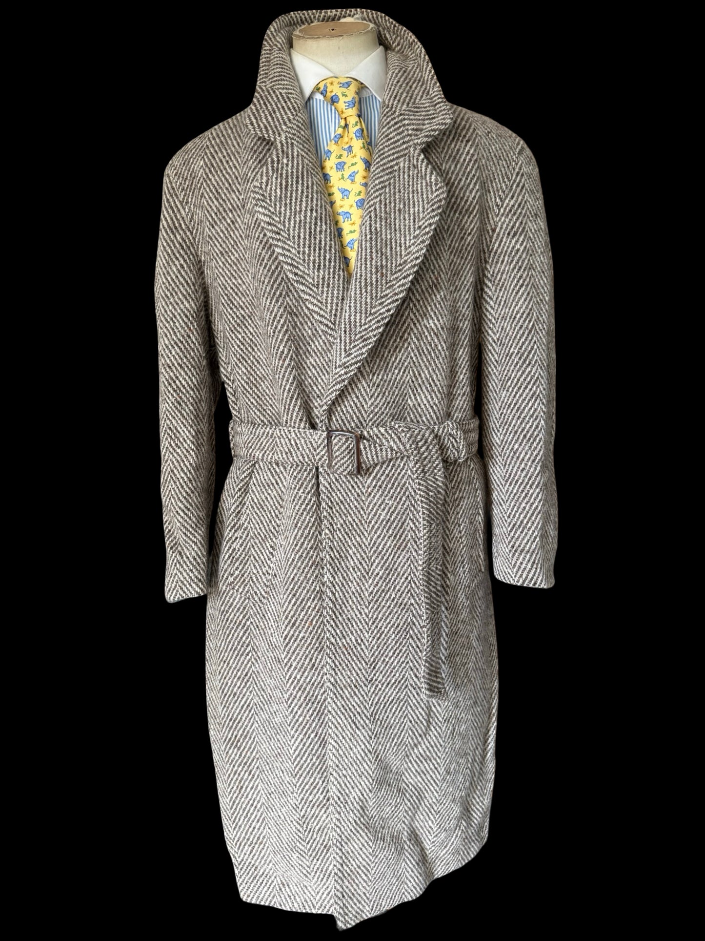 Bespoke Herringbone Tweed Belted Overcoat 44R Brown Beige